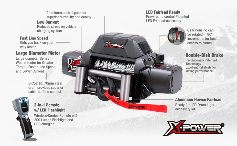 X-POWER 12,000 lb. Electronic Winch with 82 ft. Wire Rope, 6.3HP