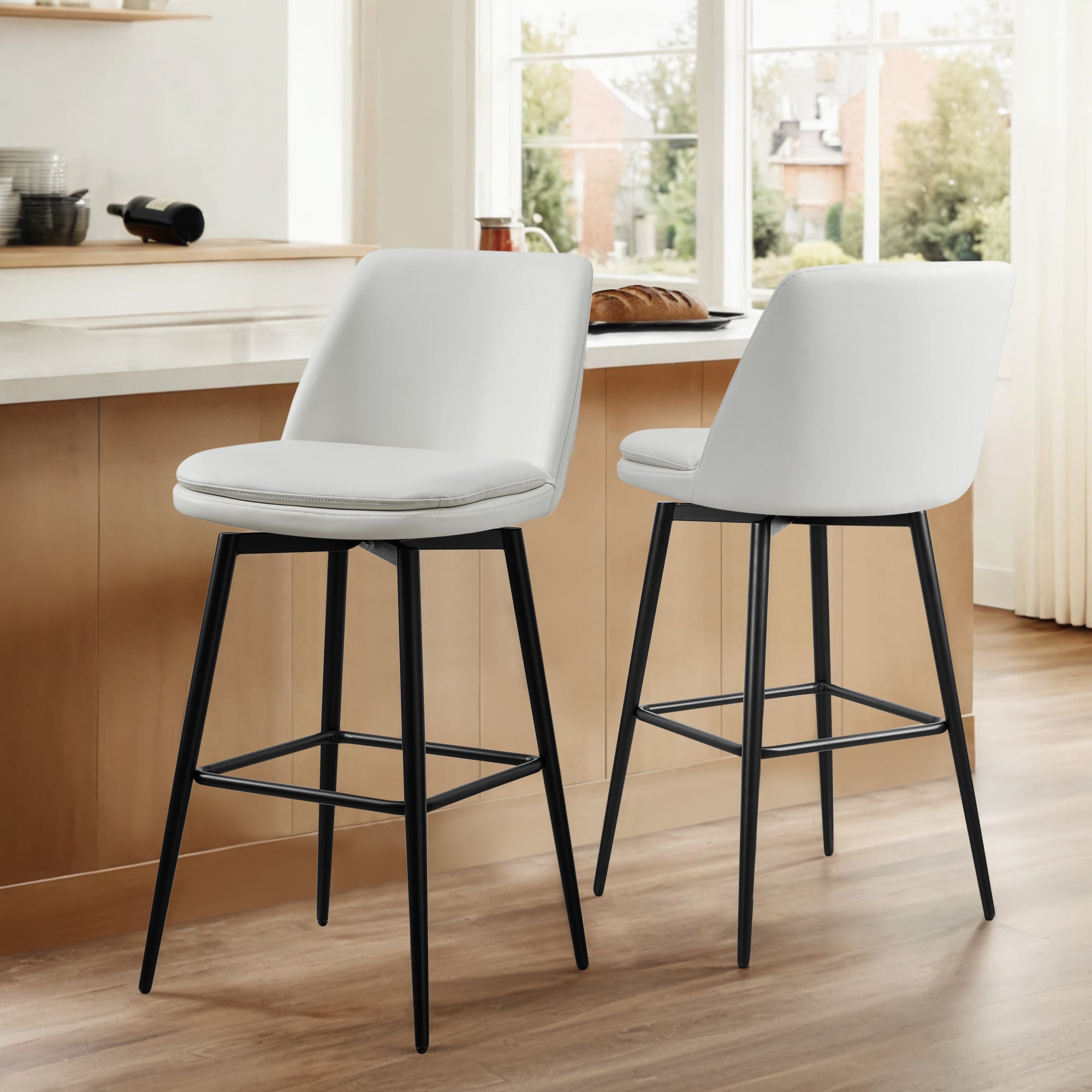 Circle 55 LWSY2006-PU167-76 Pure White 30-in H Bar height Upholstered Swivel Metal Bar Stool 2 -Pack