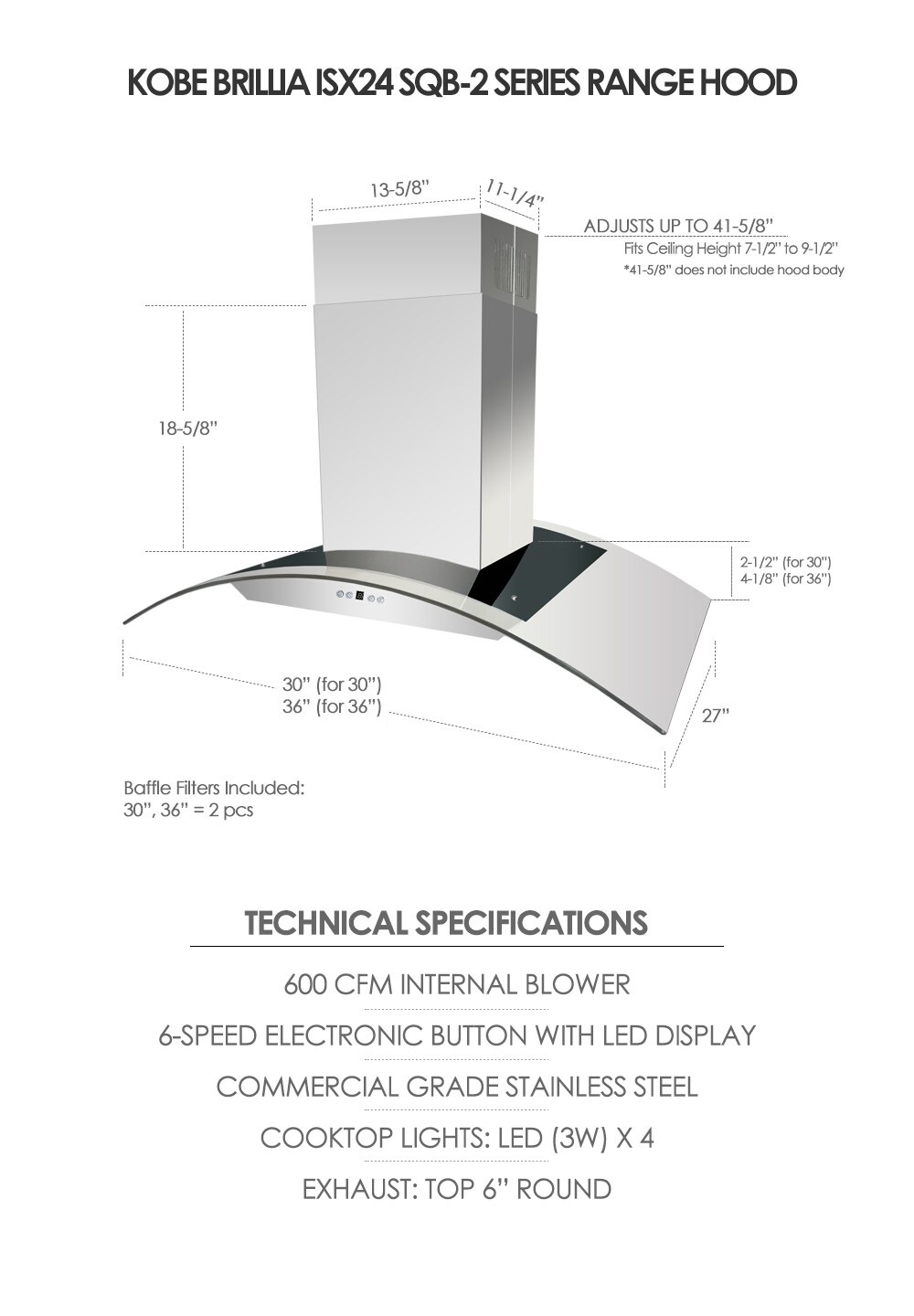 KOBE Range Hoods ISX2436SQB-2 Island-Range-Hoods - View #3