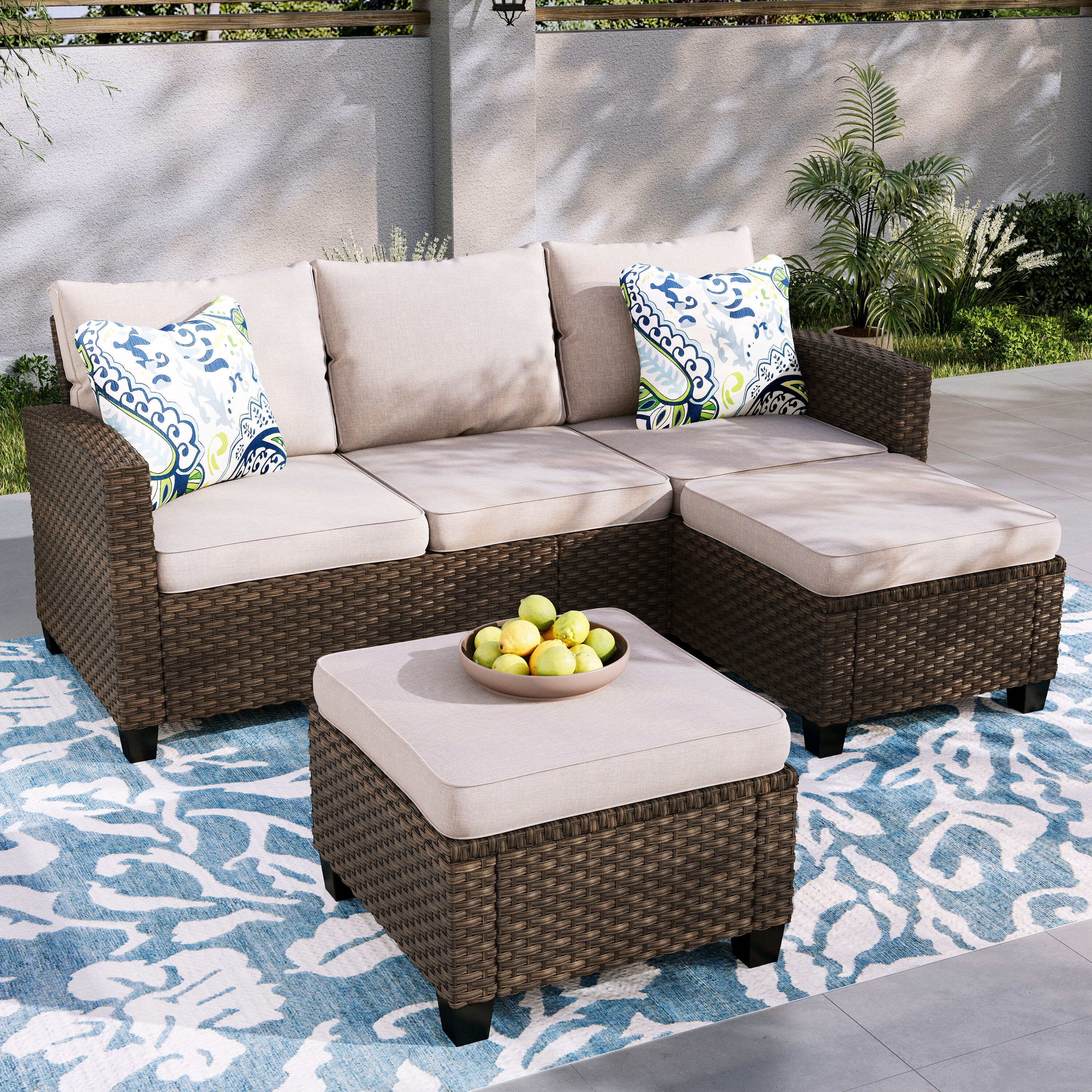 Sunshine Valley CS5-07 Patio Conversation Sets 3 -Piece Wicker Patio Sofa Conversation Set with Tan Cushions