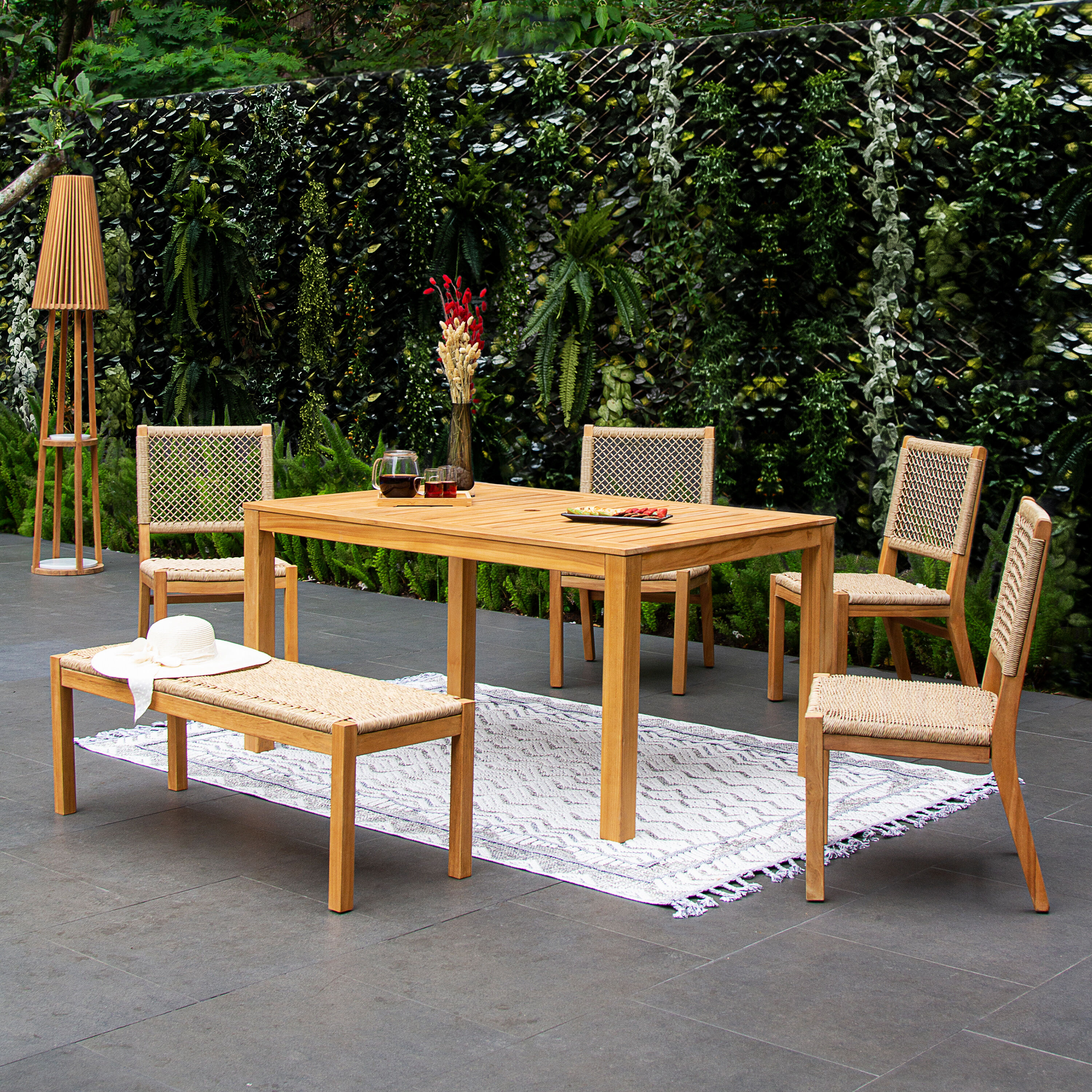 Cambridge Casual 610712-TW-XX-XX-HT Paxton 6 -Piece Natural Teak Wicker Patio Dining Set Wood Rectangle Table with 5 Stationary Chairs