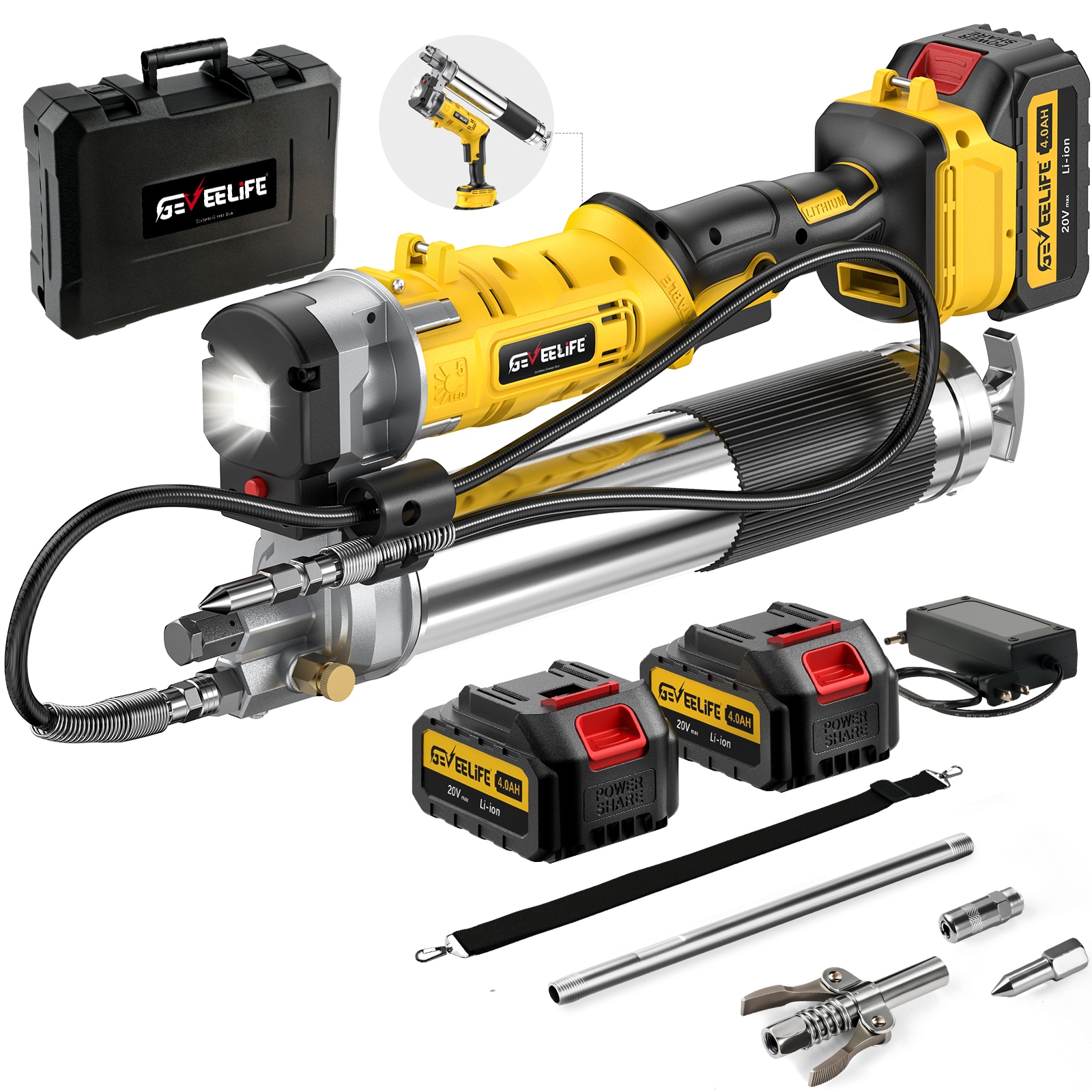 GEVEELIFE  Electric Grease Gun 2025 Upgraded 2 in 1 Design with 4000mAh Battery Fast Charger and 90 Degree Swivel Coupler 12000 PSI Works with Bulk and Cartridge Grease for Farm Truck Construction