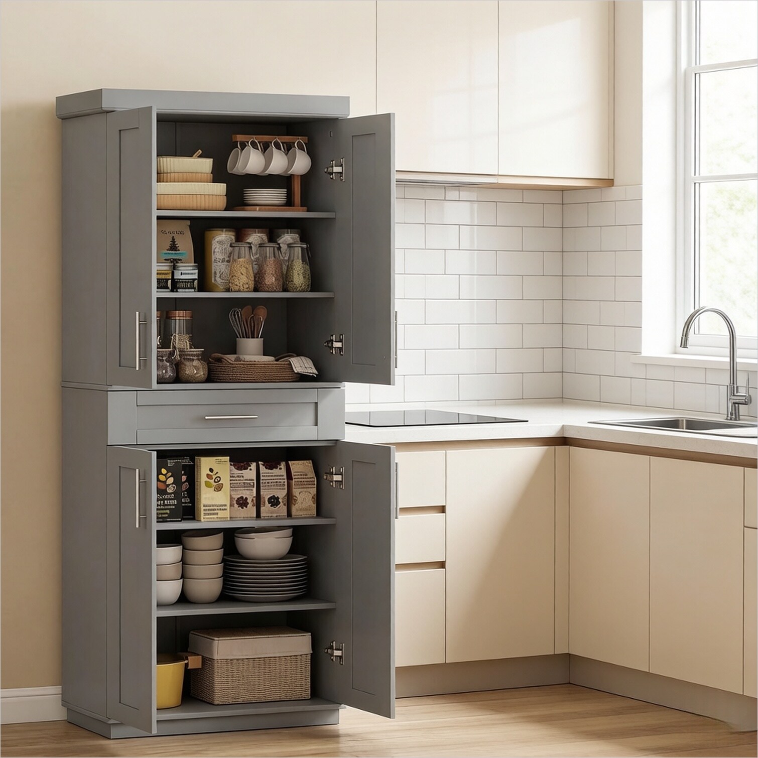 Naturefalls Tall Freestanding Kitchen Pantry with 3 Adjustable Shelves ...
