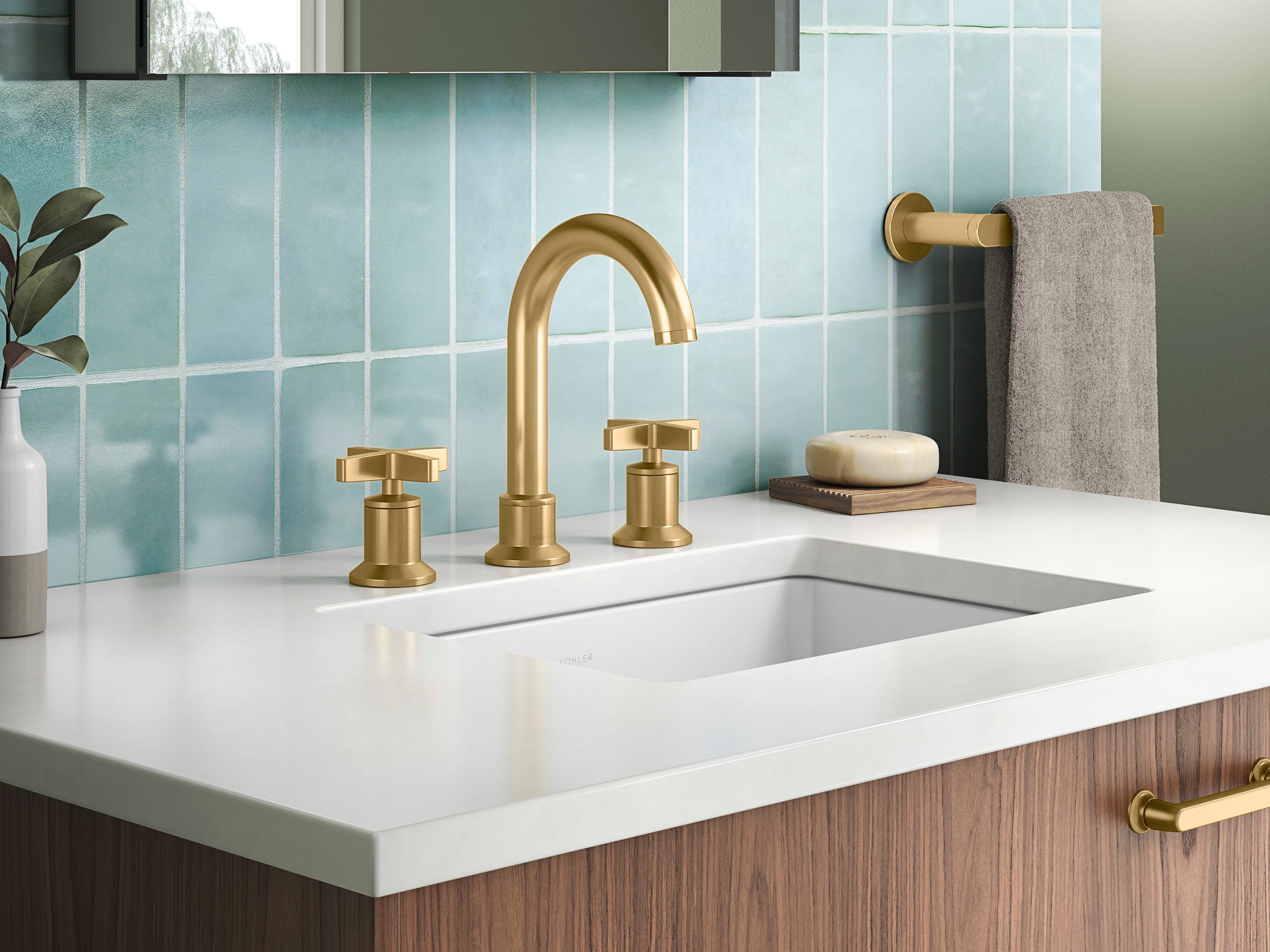 KOHLER REC28733-3D-2MB Premise Vibrant Brushed Moderne Brass Widespread 2-handle WaterSense High-arc Residential Handle Bathroom Sink Faucet with Drain