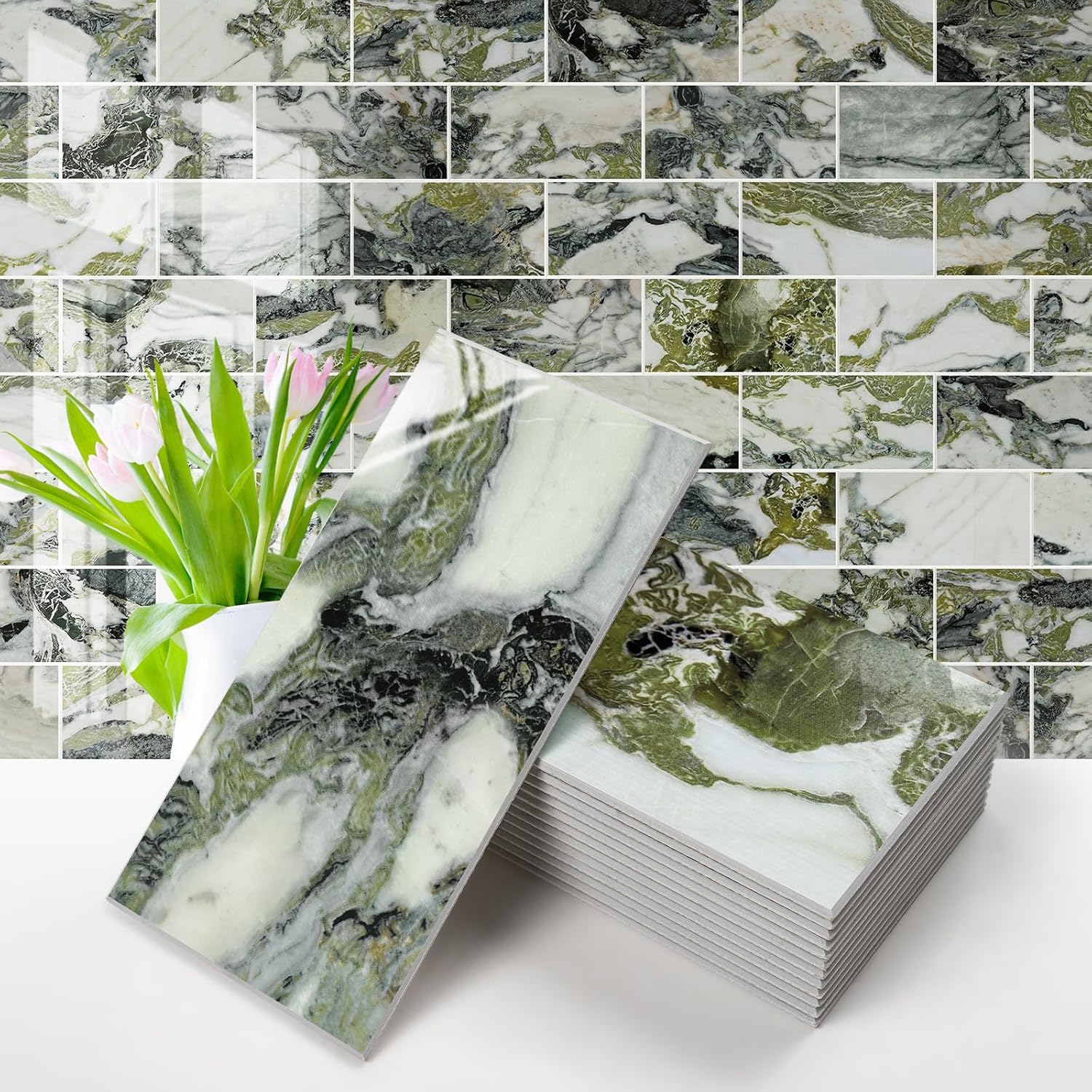 Vamos Tile 100 Piece Glossy Ice Green Peel and Stick Backsplash Tile 3 Inch x 6 Inch PVC Subway Tile with White Grout Stick on Backsplash for Kitchen Bathroom Fireplace #B0DHZMT97Q
