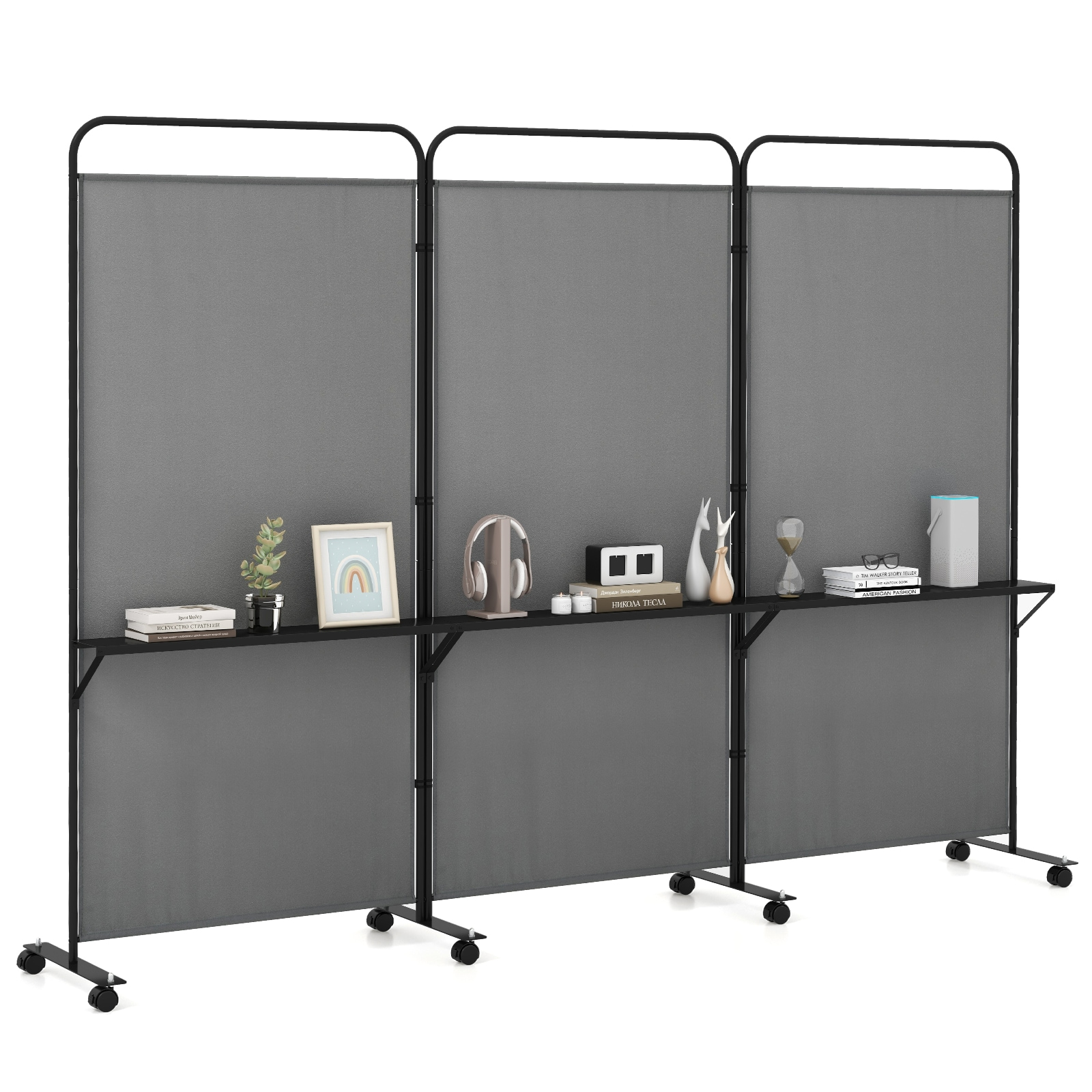 Volenca - 3-Panel Folding Room Divider Privacy Screen with 3 Metal Shelves and Lockable Wheels