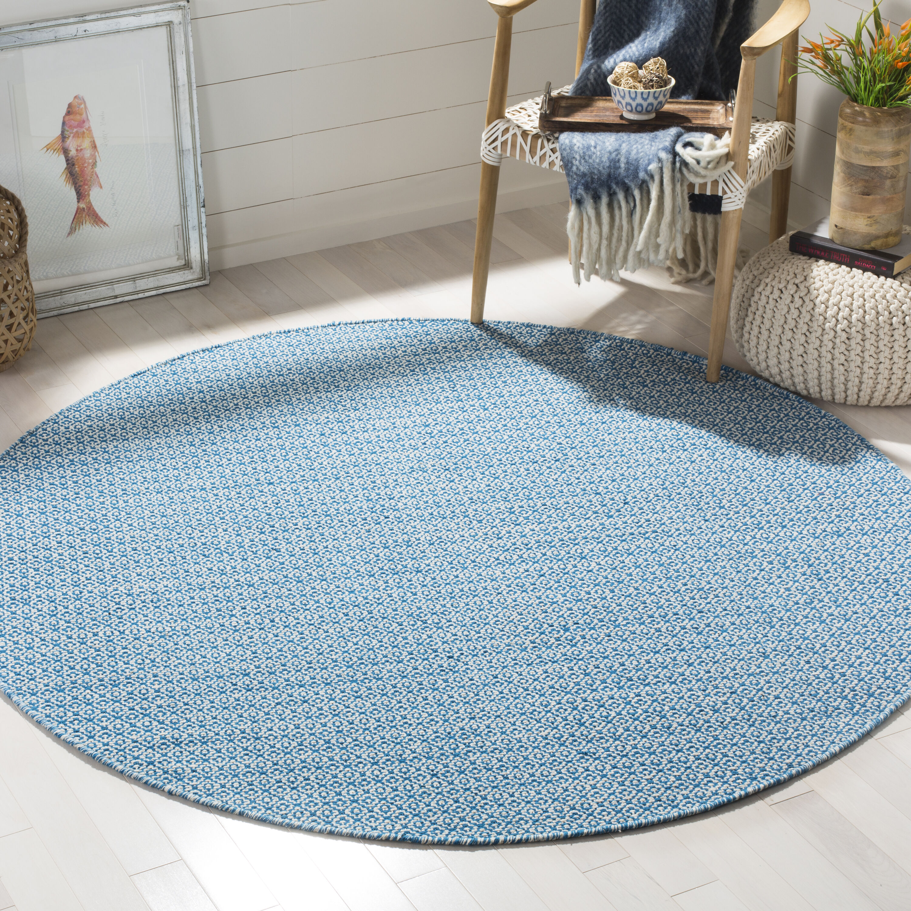 Safavieh MTK717C-6R Montauk Springmaid 6 x 6 (ft) Cotton Ivory/Blue Round Indoor Coastal Area rug