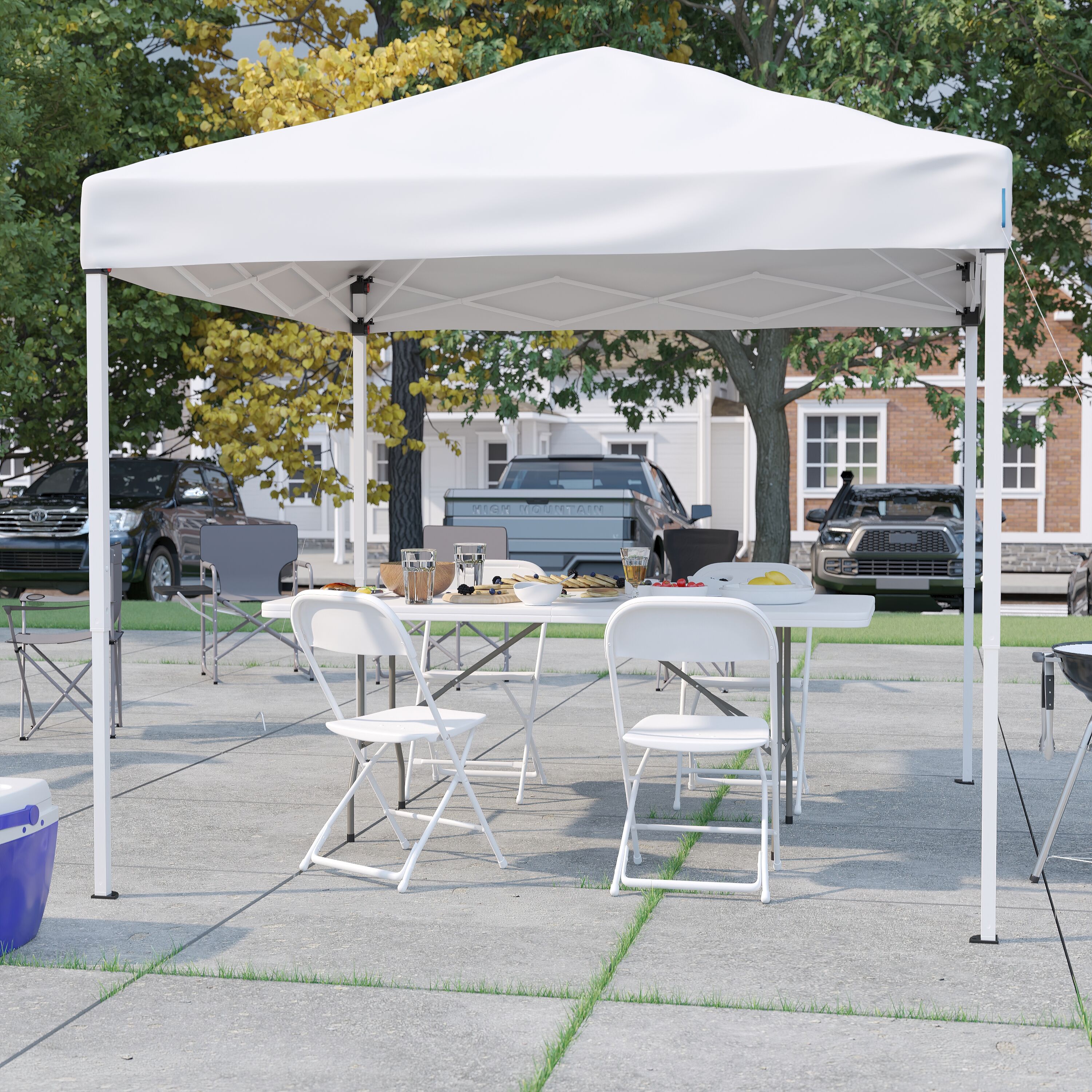 Emma + Oliver Outdoor Event/Tailgate Set with 8-ft x8-ft White Pop Up Event Canopy with Carry Bag; 6-ft Bi-Fold Table and 4 White Folding Chairs