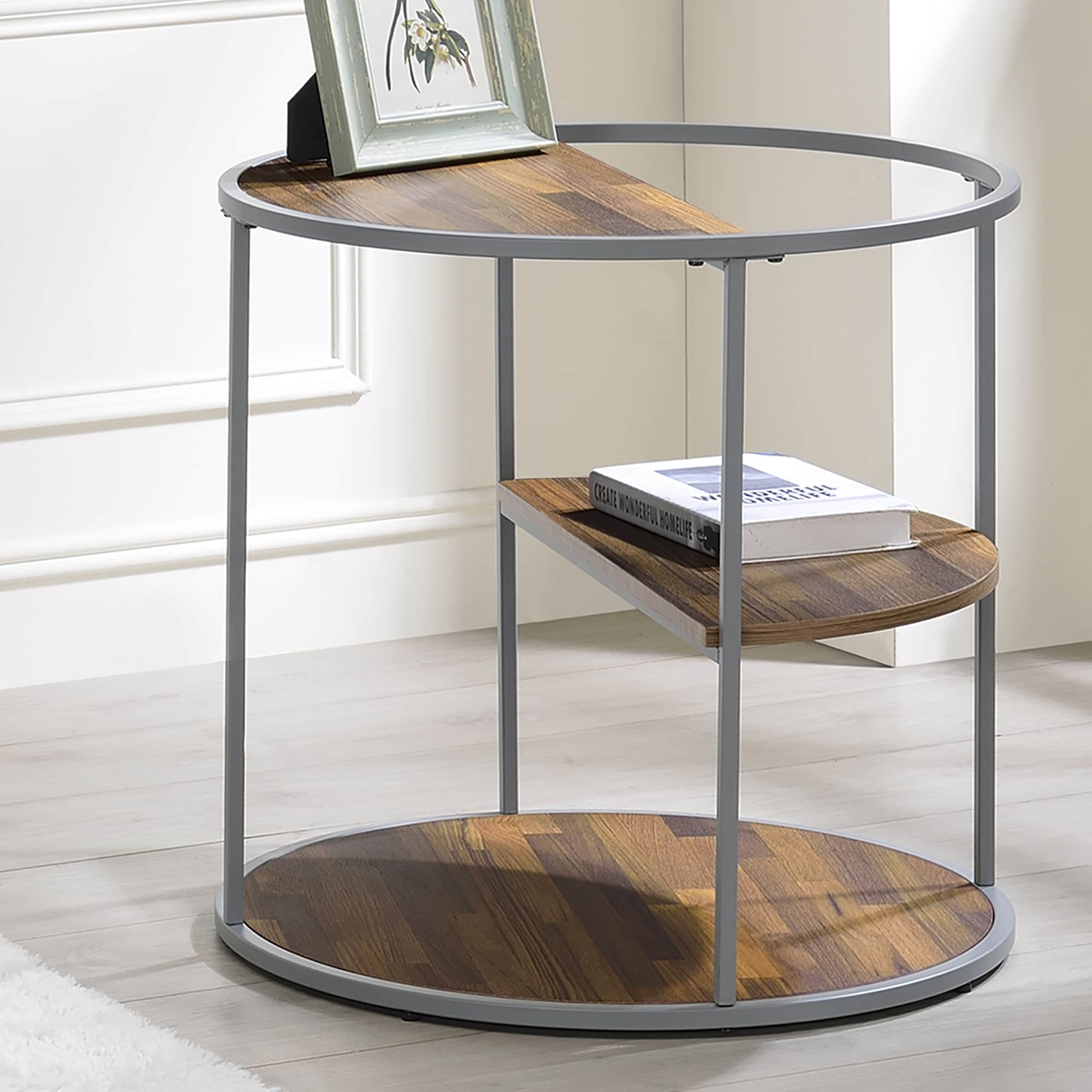 Furniture of America IDF-4396GY-E Stokes 24-in W x 24-in H Gray and Brown Composite Round Industrial End Table with Storage Assembly Required