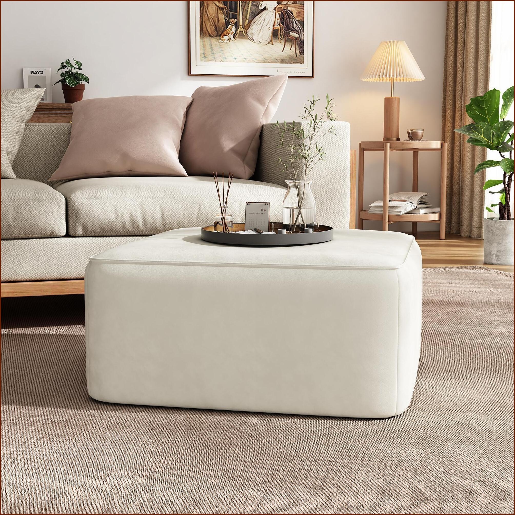Ottoman Modern Square Velvet Cream   Footrest Seating Side Table  Cream  Velvet