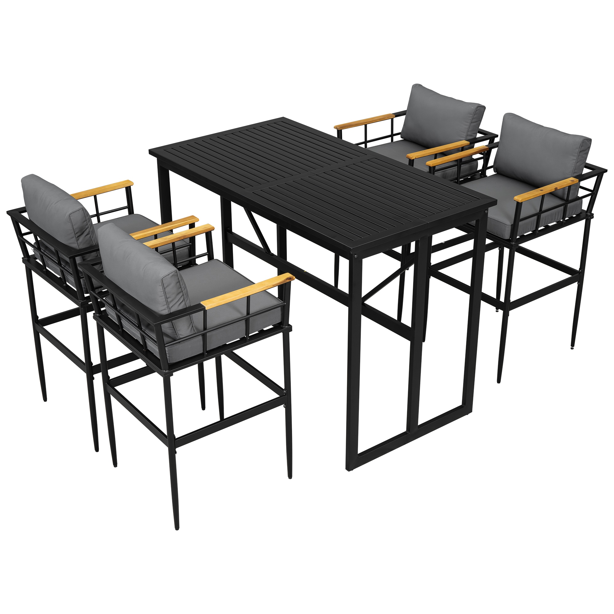 SINOFURN SYA020385GY 5 -Piece Black Bar Height Patio Dining Set Iron Rectangle Table with 4 Gray Cushions Stationary Chairs