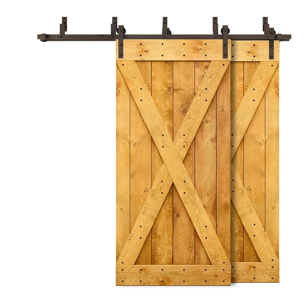 CALHOME 5XBP+S79+(2)X38AT 76-in x 84-in Colonial Maple Stained X-frame Knotty pine Wood Solid core Double Bypass Barn Door (Hardware Included)