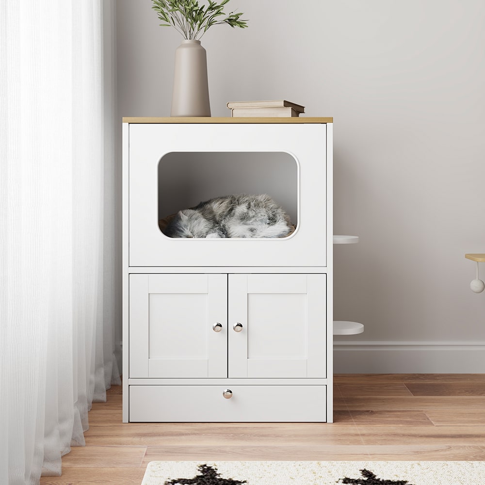 Homsee  Multi Functional Cat Condo Cabinet with Pull Out Feeding Station and Storage Upper Hideaway Side Steps Sisal Scratching Panel and Anti Tip Safety Hardware 21.7''W x 17.7''D x 31.5''H White
