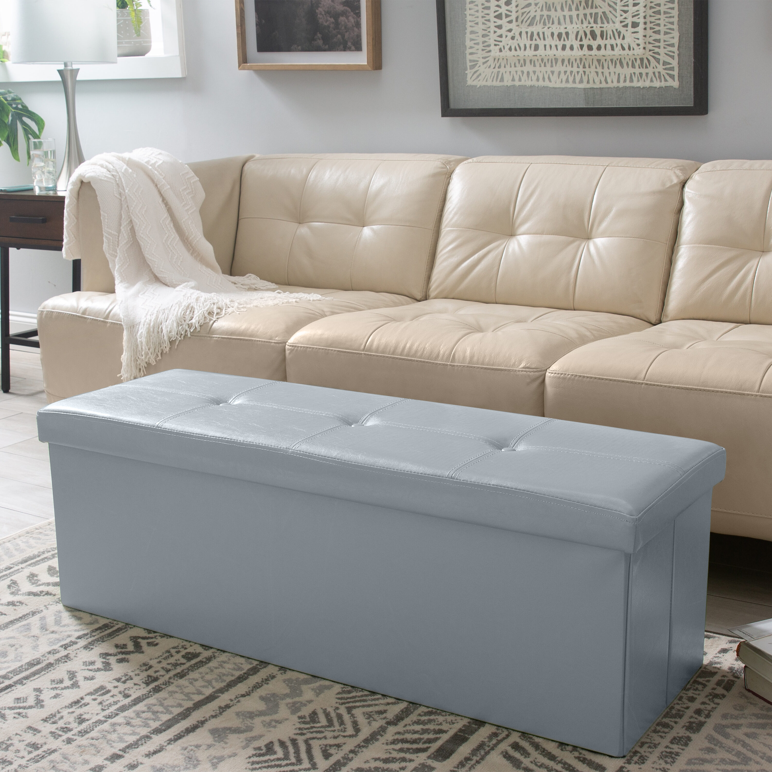 Grey faux leather ottoman discount