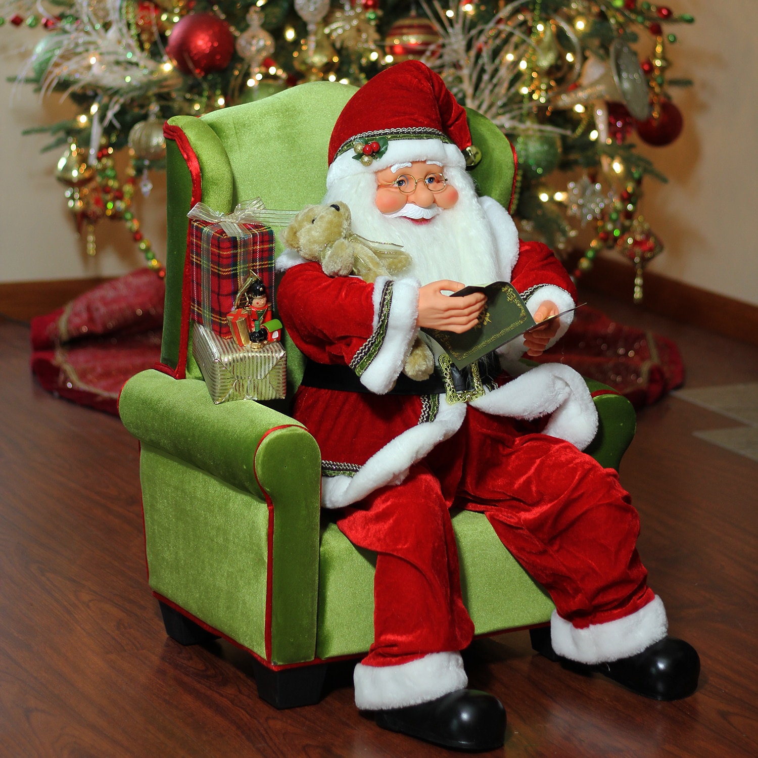 32" Santa Claus in Green Armchair with Teddy Bear