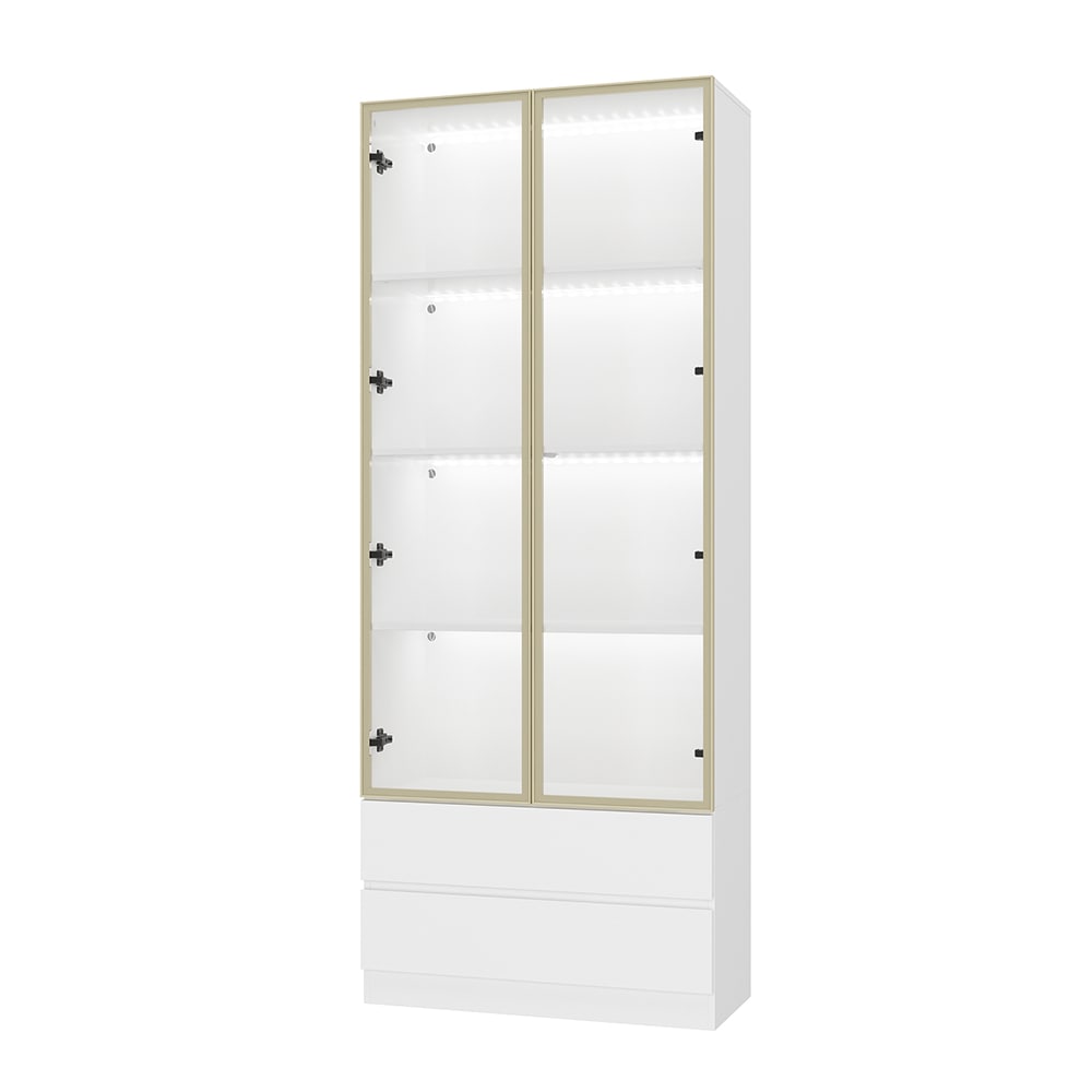  V-KF020375-02 Tall White Bookcase with Glass Doors and Storage Drawers Display Cabinet with LED Light and Aluminum Frame for Home Office or Living Room
