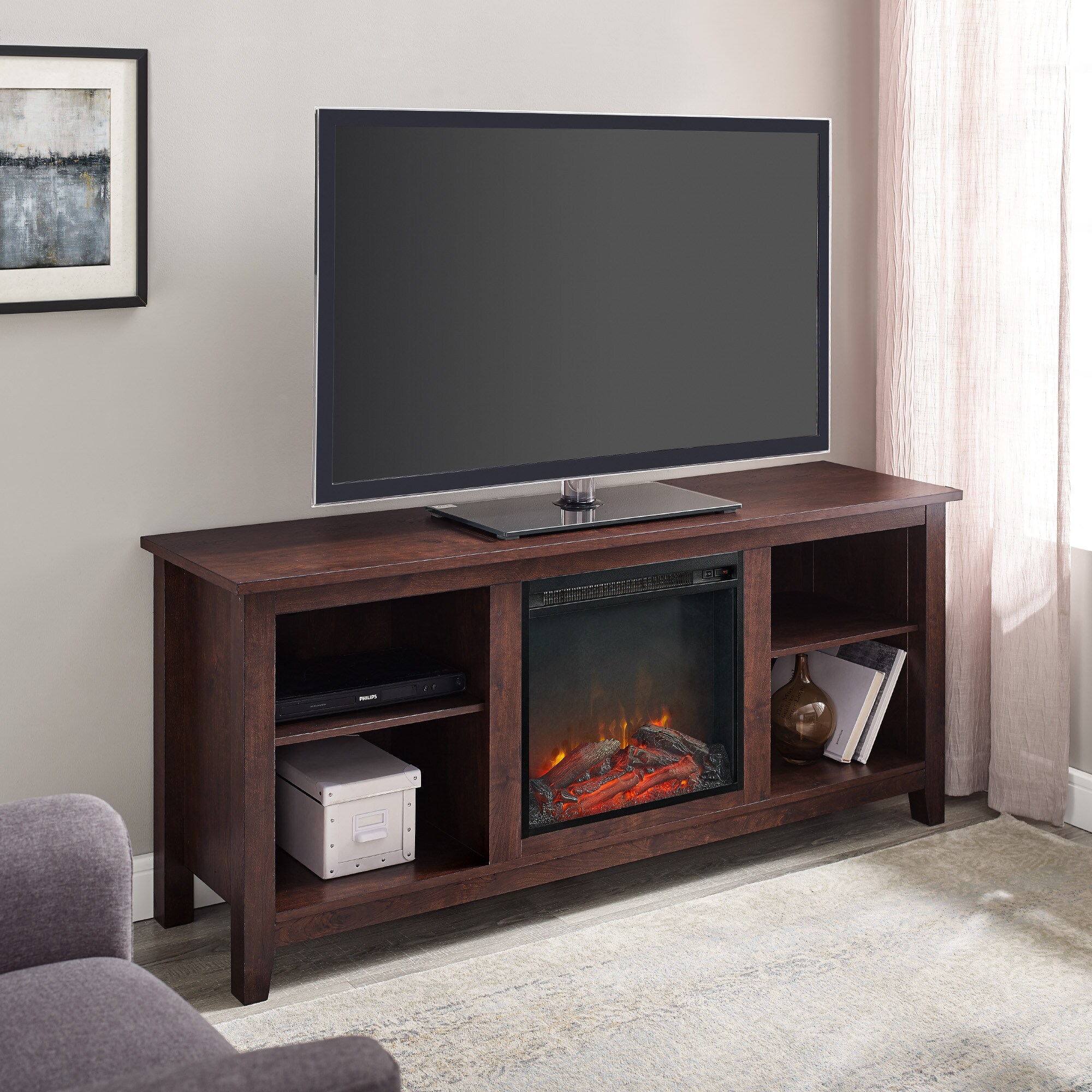 Walker Edison W58FP18TB 25-Inches W Brown TV Stand with LED Flat wall Electric Fireplace