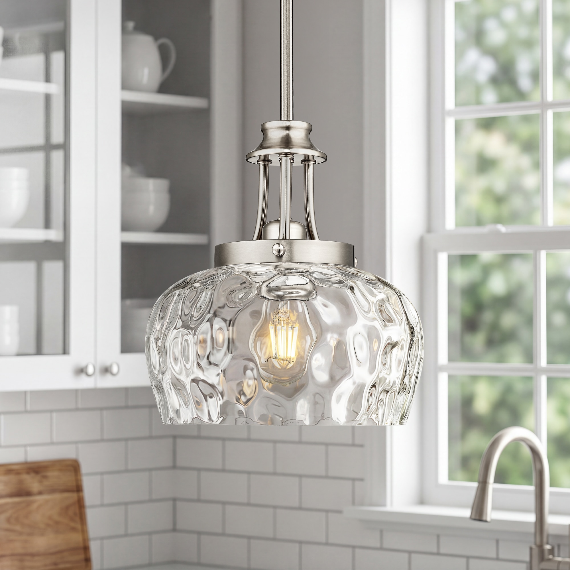 LTMATE JAZAVA 1 -Light Brushed Nickel Modern/contemporary Textured glass Bowl Small Hanging Pendant Light