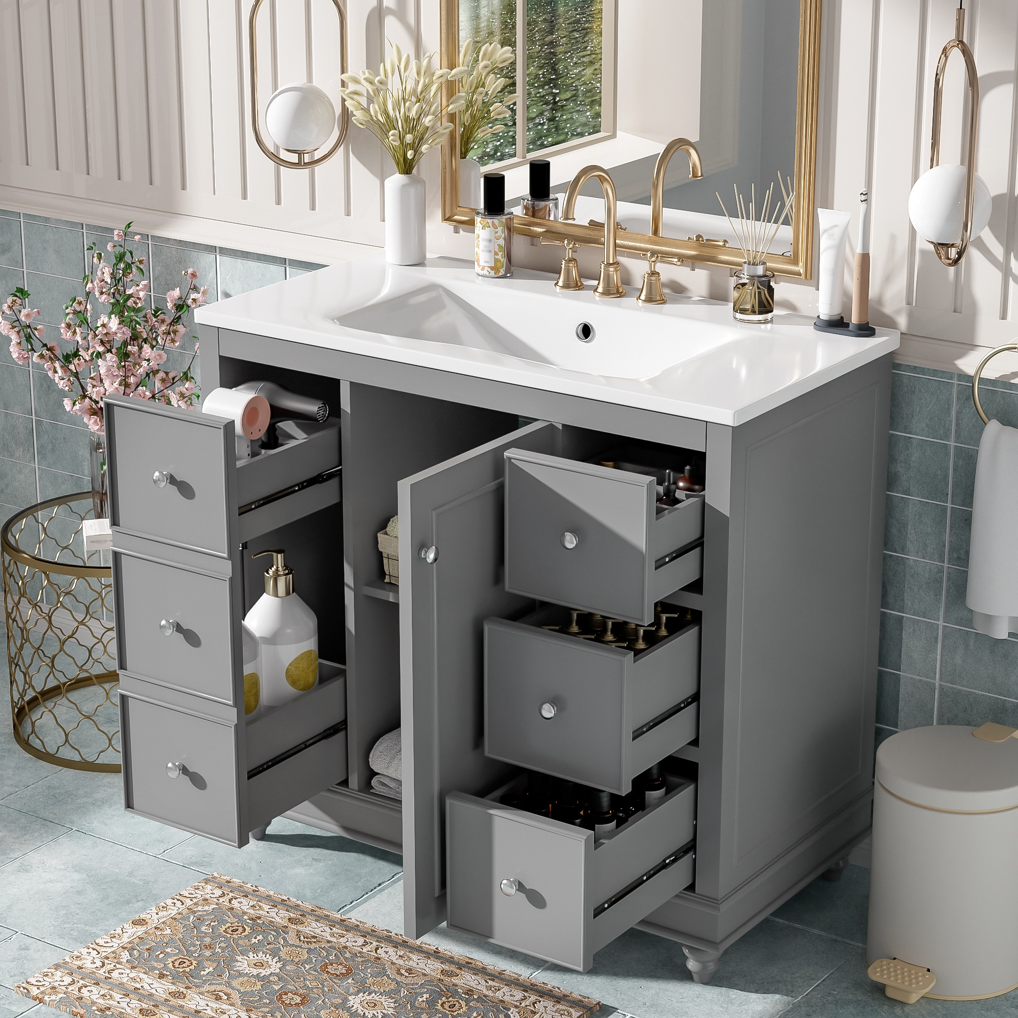 Tatayosi JL-P290065E Modern Gray Bathroom Vanity with Ceramic Sink Combo ‚Äì 4 Drawers and 1 Door Versatile Storage Adjustable Shelf Solid Wood Frame MDF
