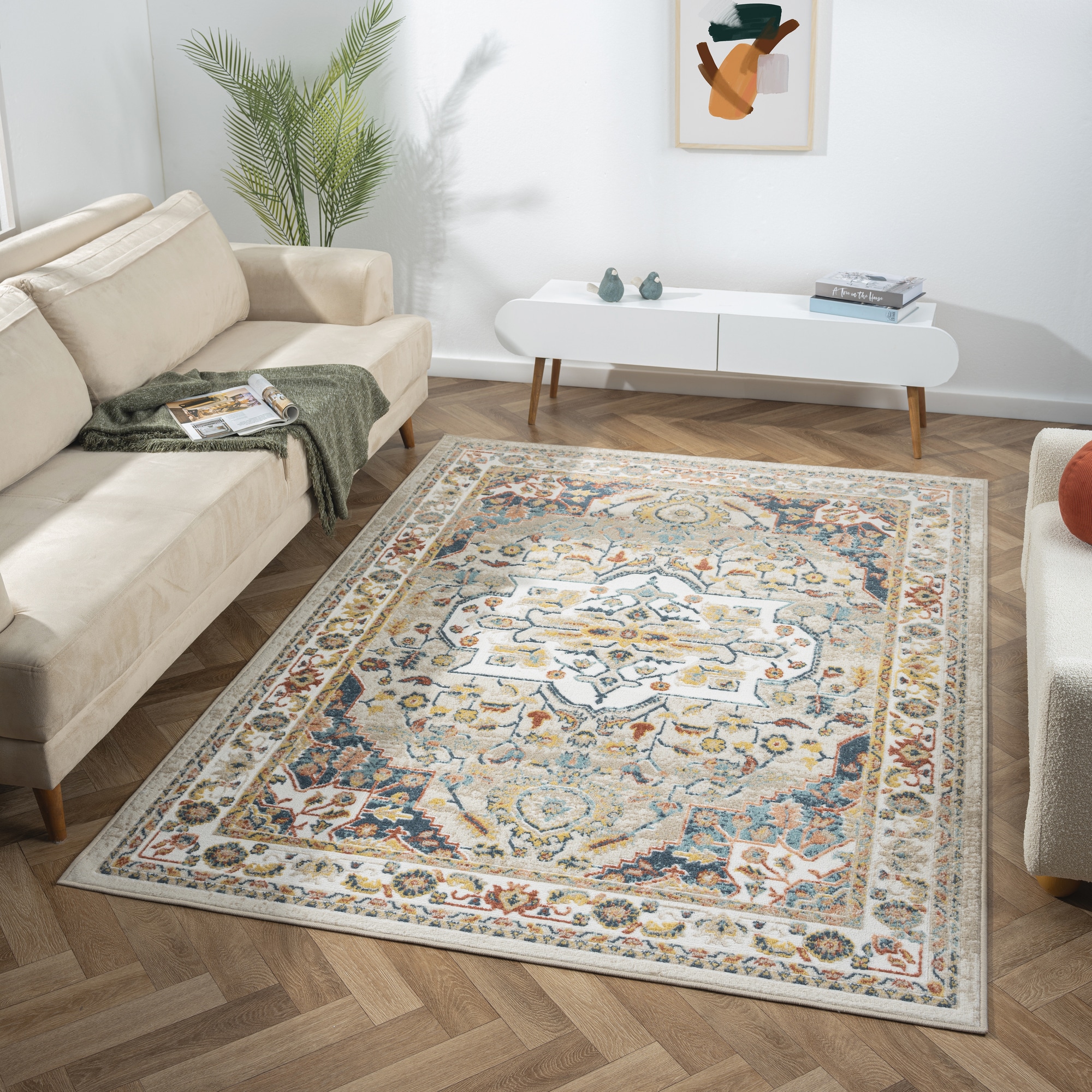 Arcady 5' x 8' Ivory and Blue Synthetic Rectangular Area Rug