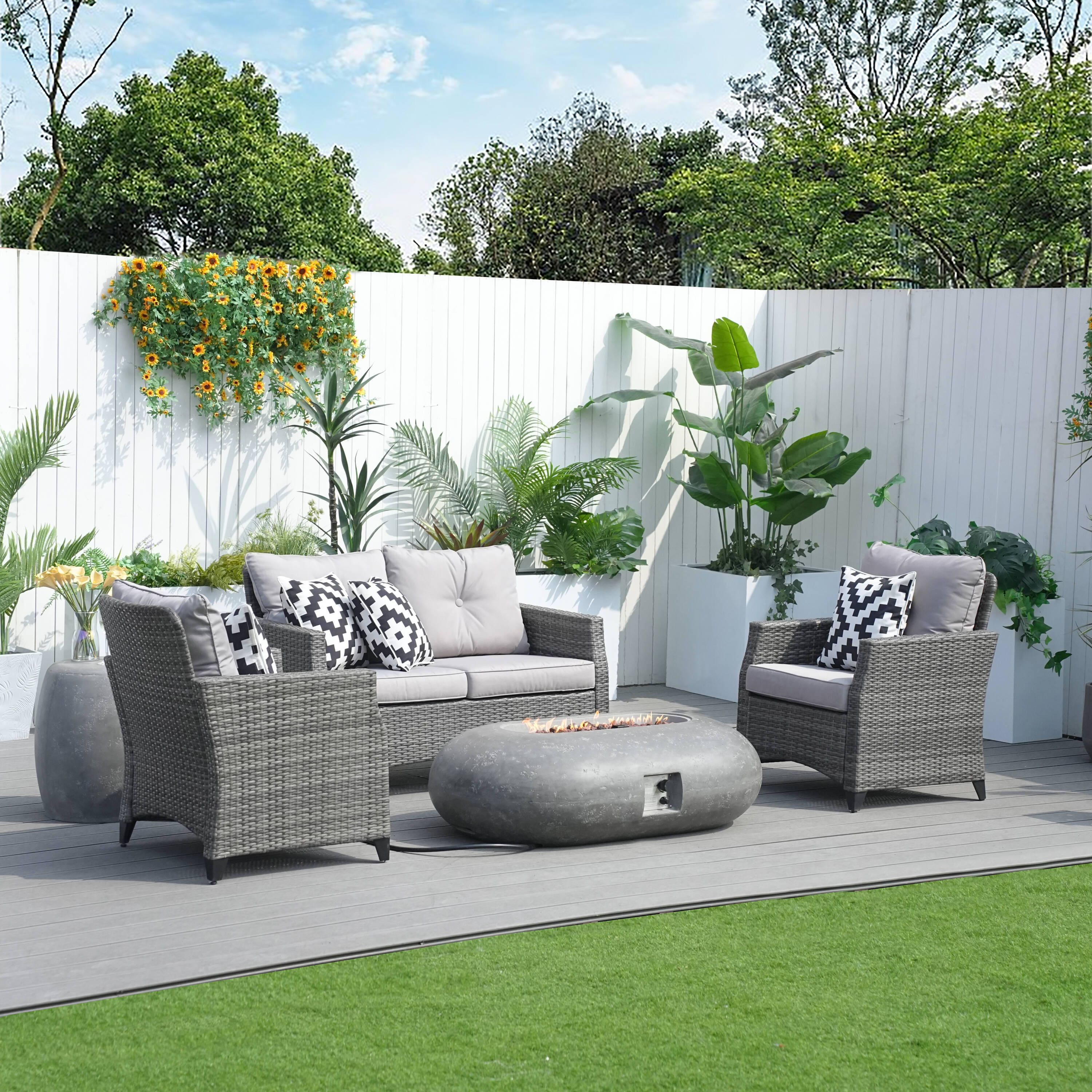 Direct Wicker DWG-1801P24912-GR 5 -Piece Wicker 3 Patio Sofa Conversation Set with Gray Cushions