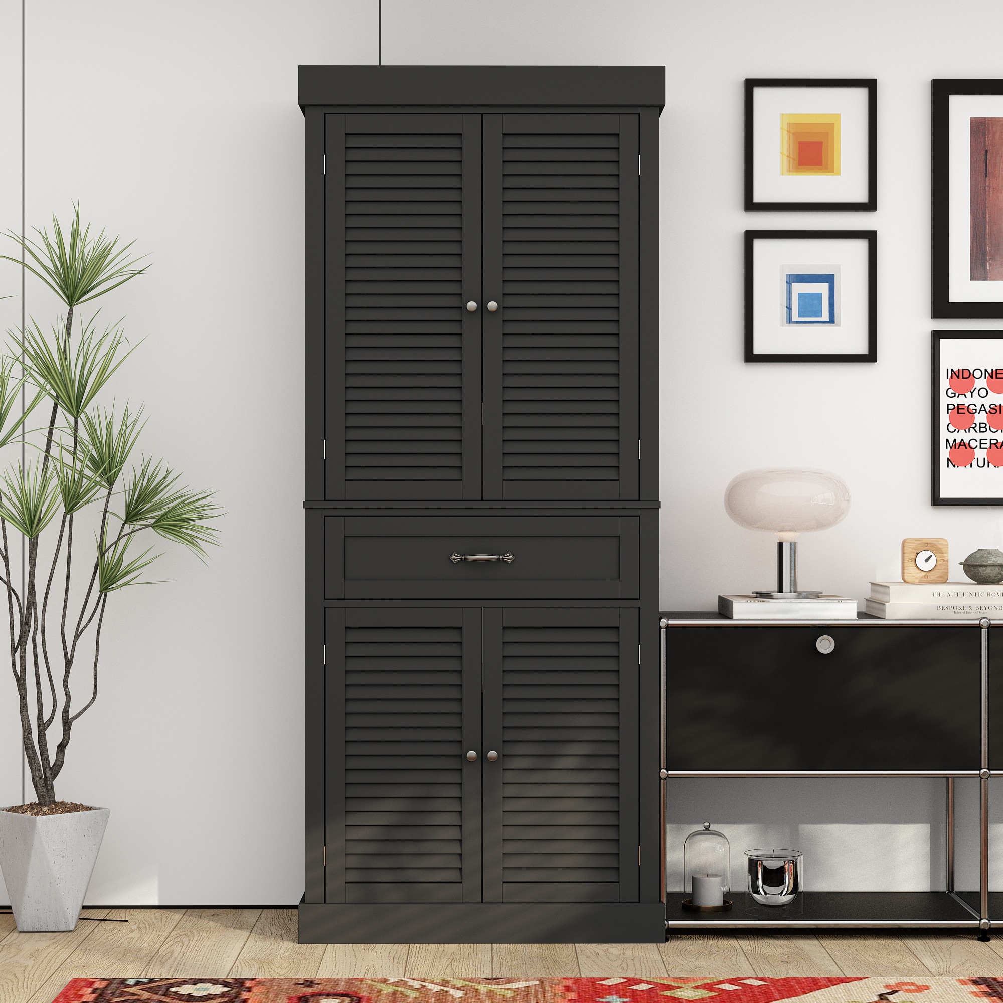 FUFU&GAGA KF330064-02 Bookcase in black Black Composite 4 -Shelf Bookcase with Doors ( 30-in W x 71.6-in H x 15.7-in D ) Finished
