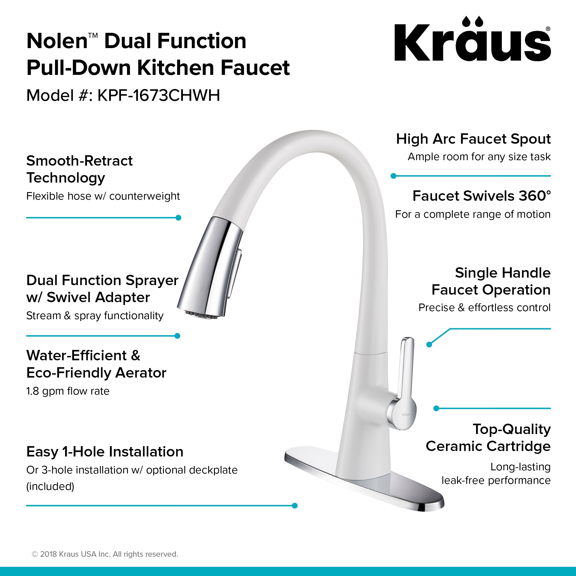 Kraus Nolen Chrome/White Single Handle Pull-down Kitchen Faucet with ...