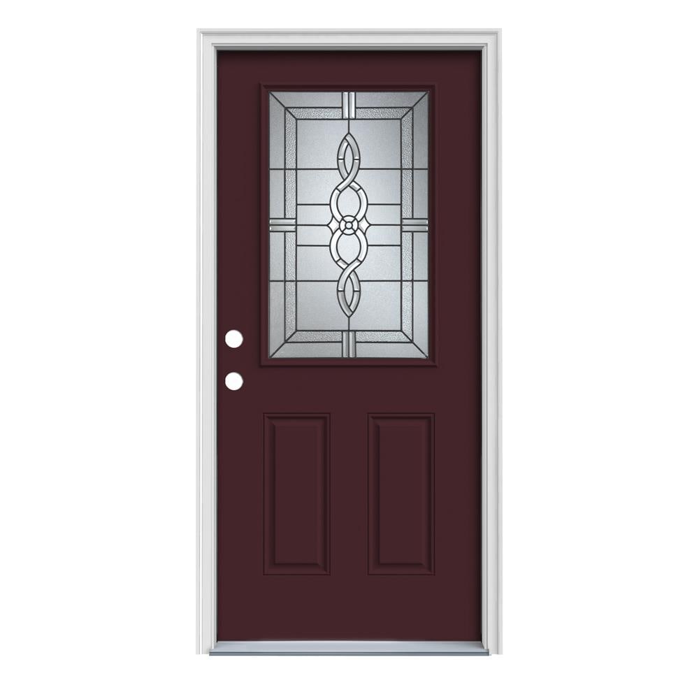 JELD-WEN LOWOLJW167000488 Calista 36-in x 80-in x 4-9/16-in Steel Half lite Right-hand inswing Currant Painted Prehung Front Door with Brickmould Insulating core