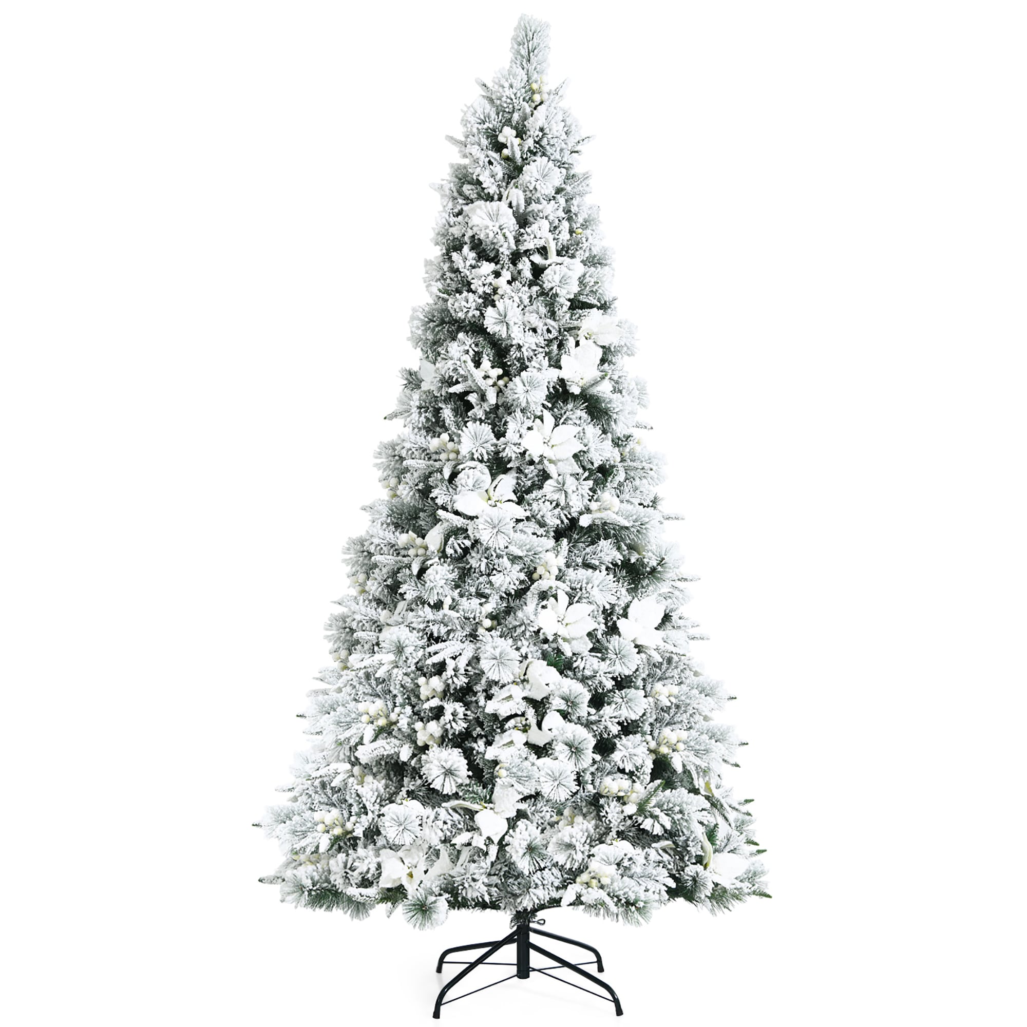 7-Foot Snow Flocked White Artificial Christmas Tree with Berries and Poinsettia Flowers