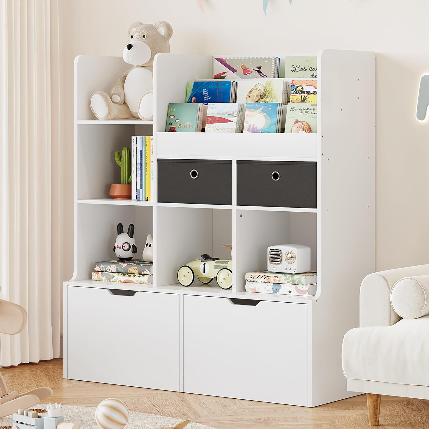 WhizMax ASDPHO15MBBR0Q Kids Wooden Bookshelf with 4 Drawers 47 Point 8 Inch White Rectangular Bookcase Floor Mount White