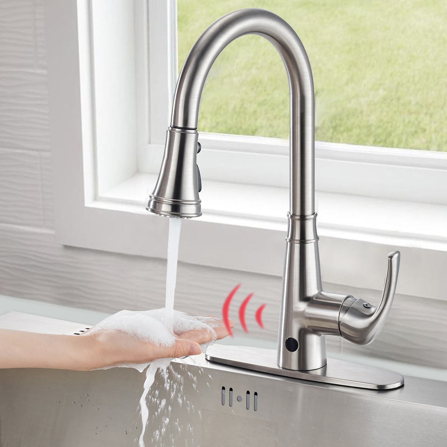 Cobbe Brushed Nickel Single Handle Touchless Pull-down Kitchen Faucet ...