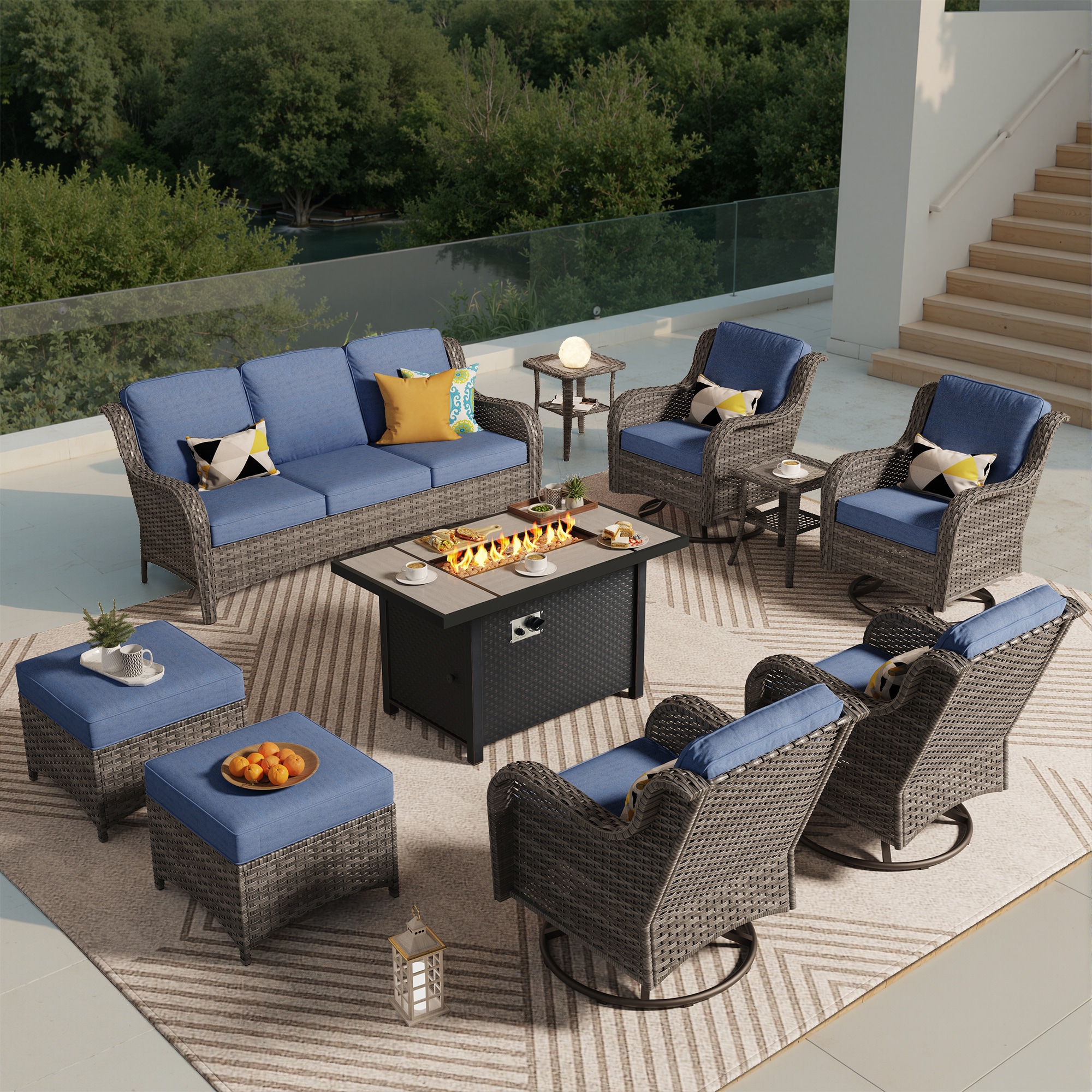 Pouuin SCFPYZGNTC3-9 10 -Piece Wicker Patio Sofa Conversation Set with Blue Cushions
