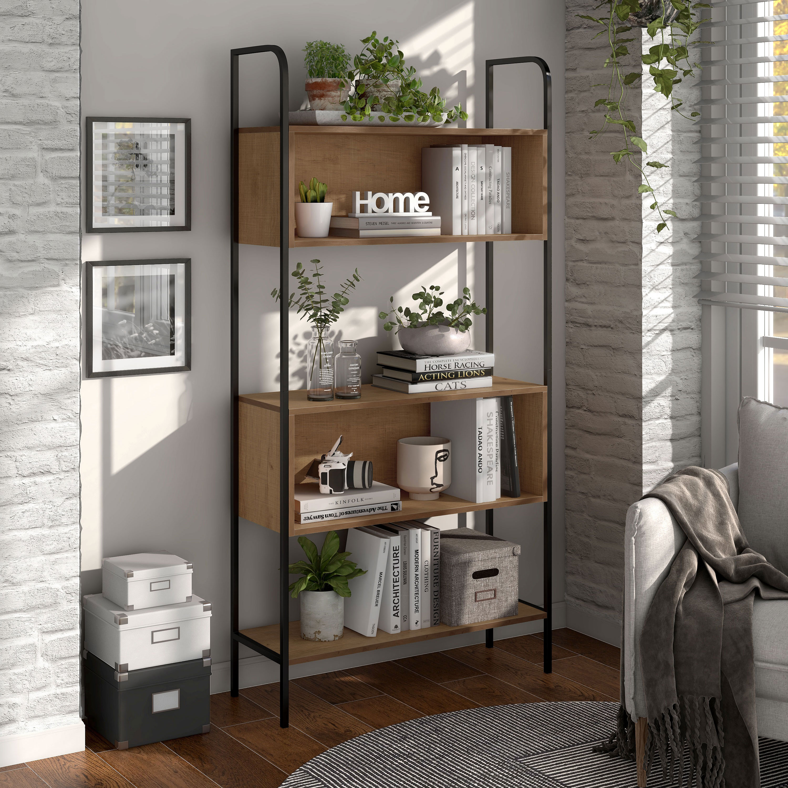 Distressed Oak and Black Metal 67" Bookcase with Cubes