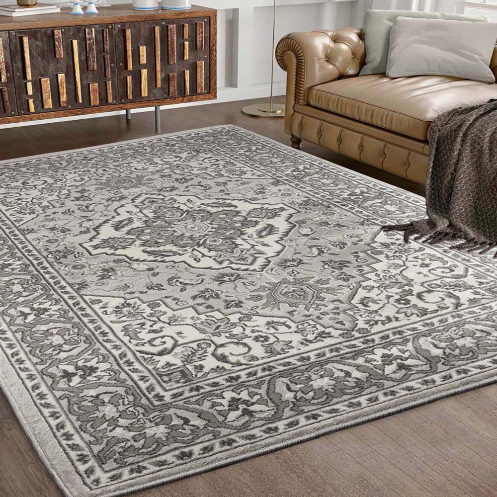 Rivulet Gray and White Synthetic Medallion Area Rug, 8' x 10'