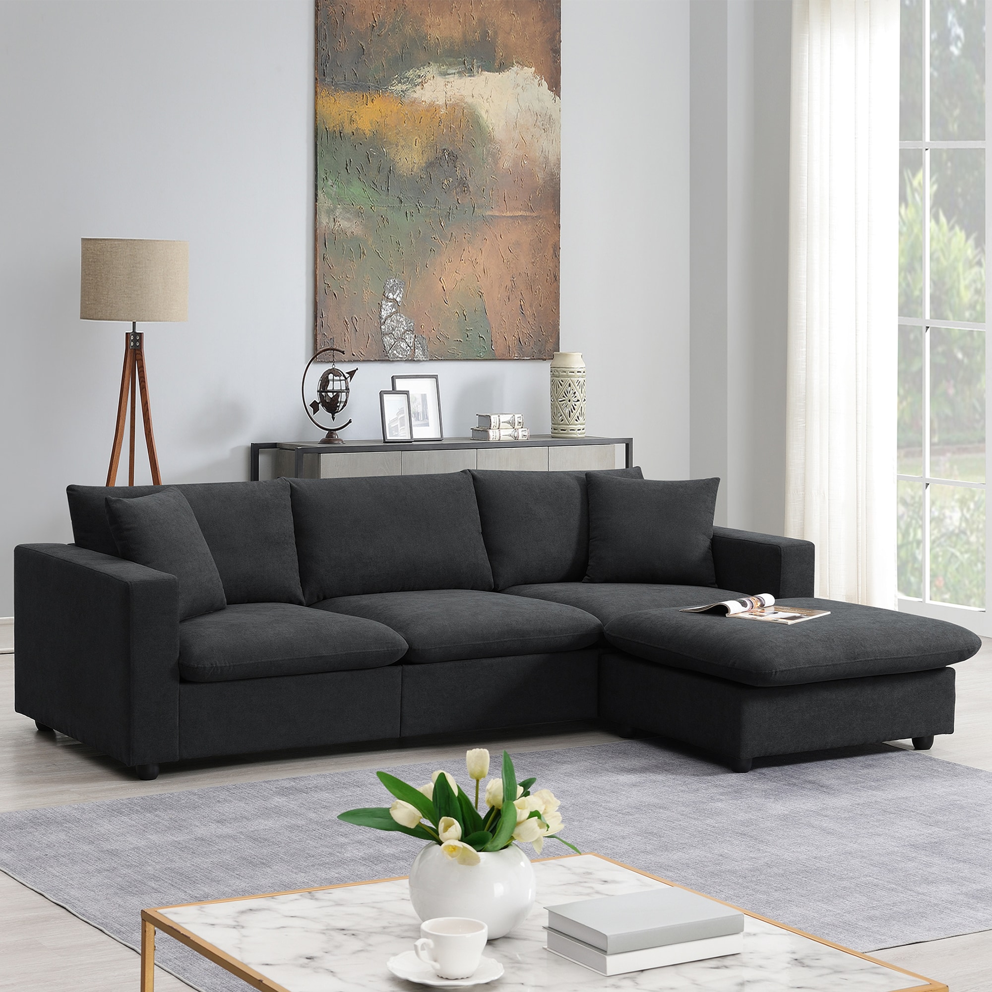 ModernLuxe GS009023AAE Modern Sectional SofaLshaped Couch Set with 2 Free pillows4seat Polyester Fabric Couch Set with Convertible Ottoman for Living Room Apartment Office4 Colors