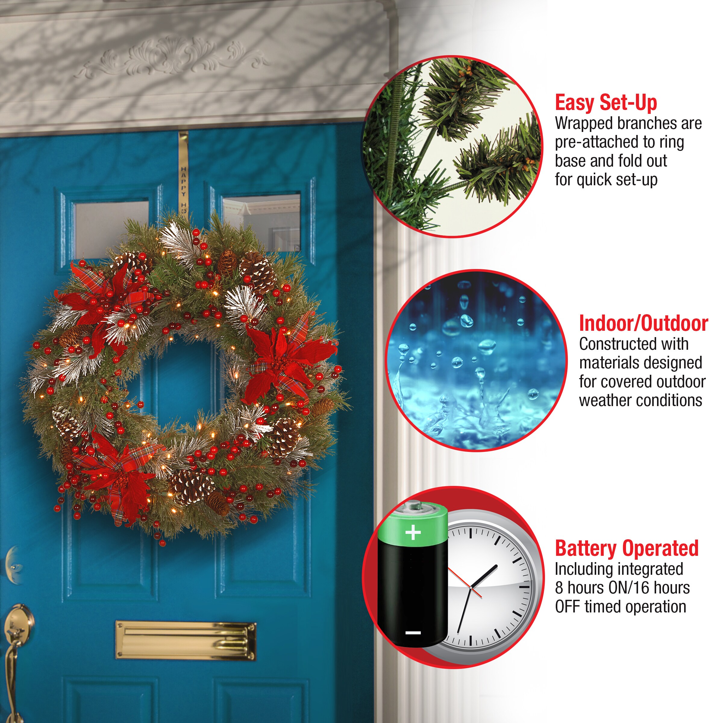 30" Red Tartan Plaid Christmas Wreath with LED Lights