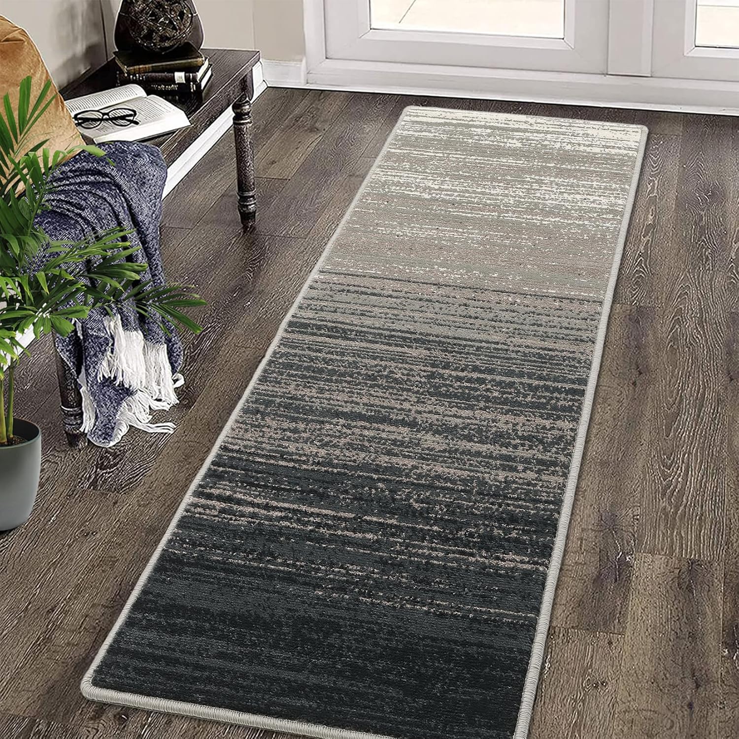 Qeetex WWJ-PHO-0ZORXEI3 Hallway Runner Rug 2x8 Non Slip Modern Abstract Stripe Area Rugs Contemporary Low-Pile Indoor Floor Carpet Runners Non-Shedding Soft Rugs for Hallways Laundry Room Kitchen Gray