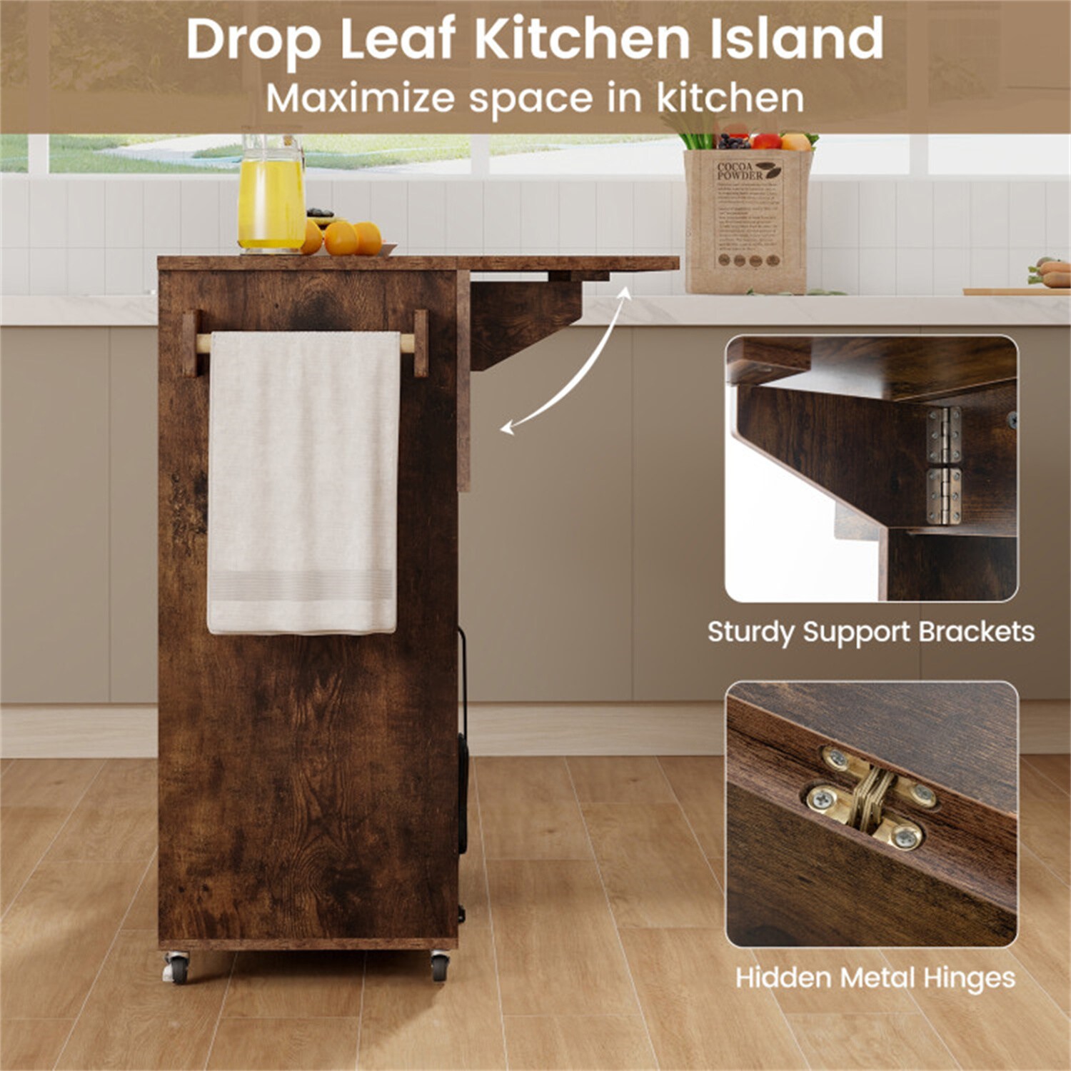 BABOOM Black Mdf Base with Wood Top Rolling Kitchen Island (17.72-in x 43.31-in x 33.27-in)