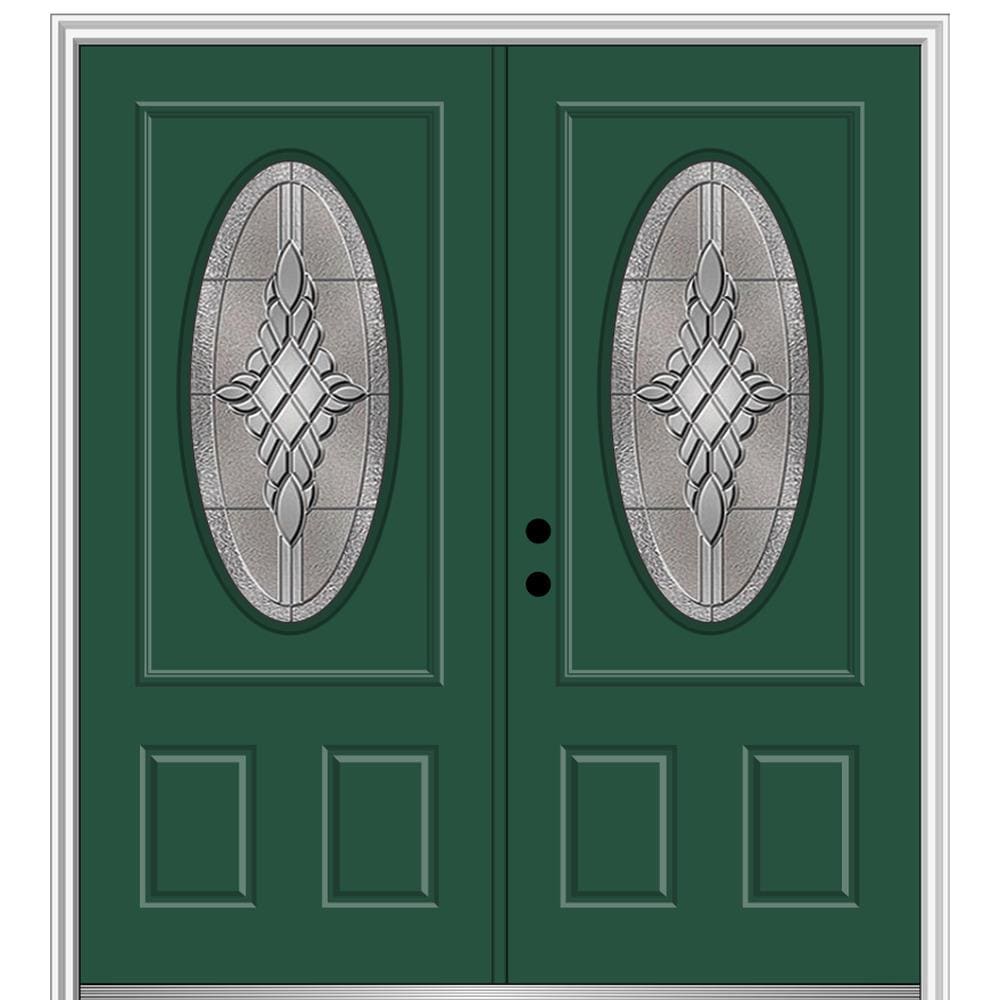 MMI DOOR ZZ365933R 72-in x 80-in x 4-9/16-in Fiberglass Oval lite Right-hand inswing Hunter Green Painted Prehung Double Front Door with Brickmould Insulating core