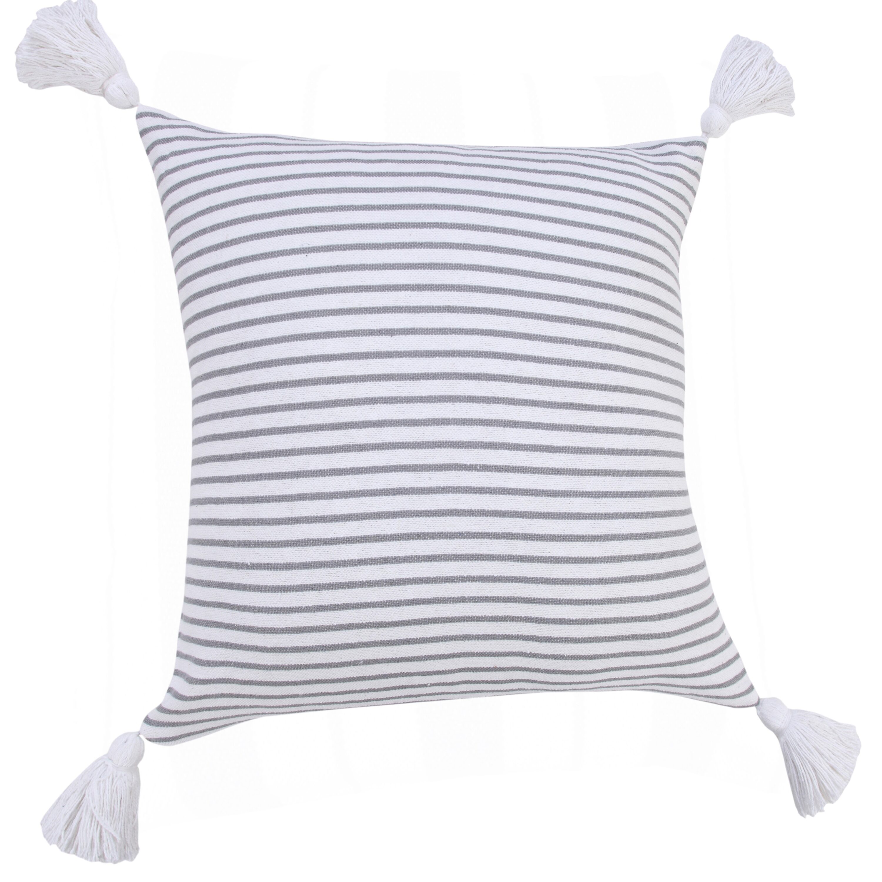 Gray and White Striped Cotton Square Throw Pillow with Tassels