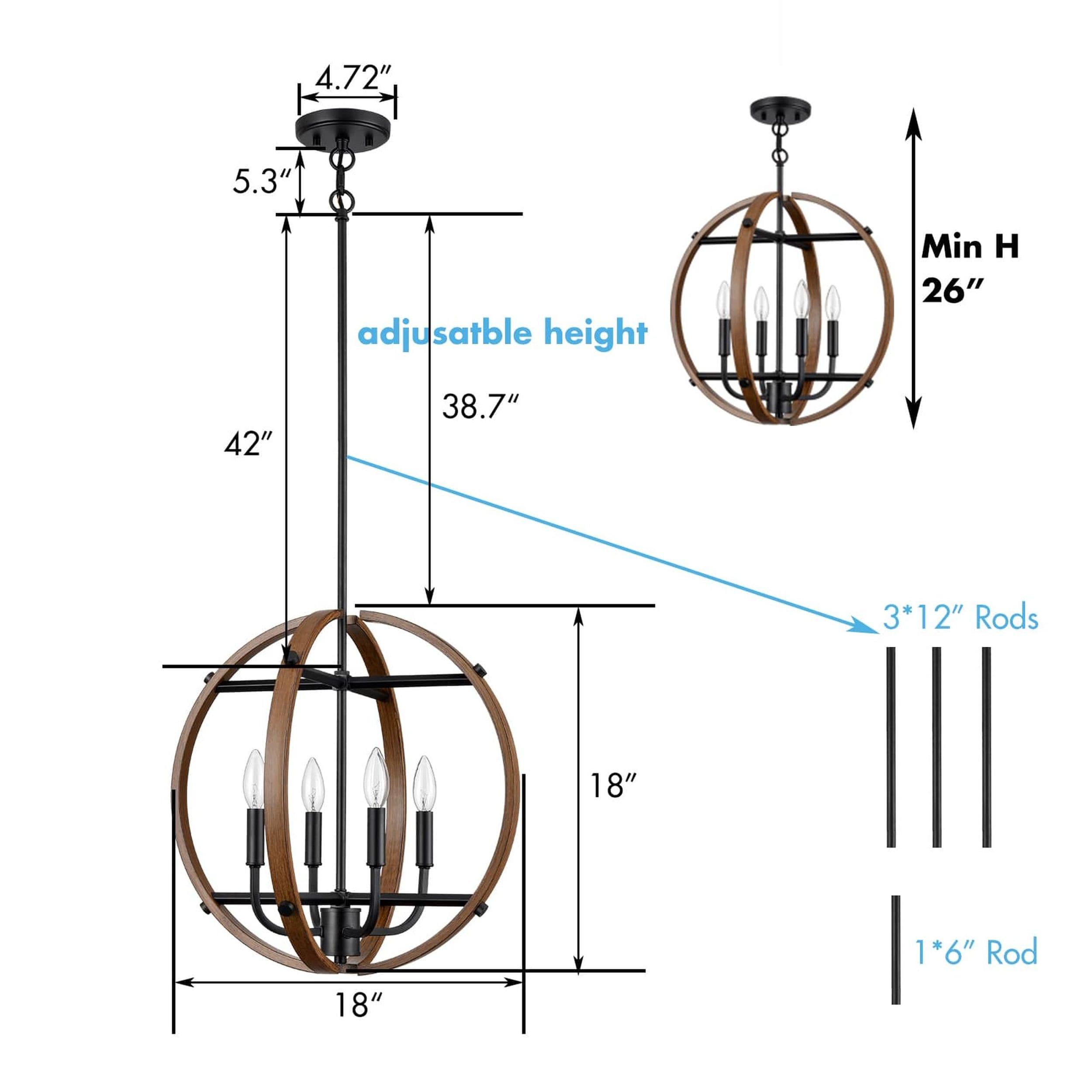 Rustic Black and Wood Grain Globe Pendant Light with Candle Bulbs