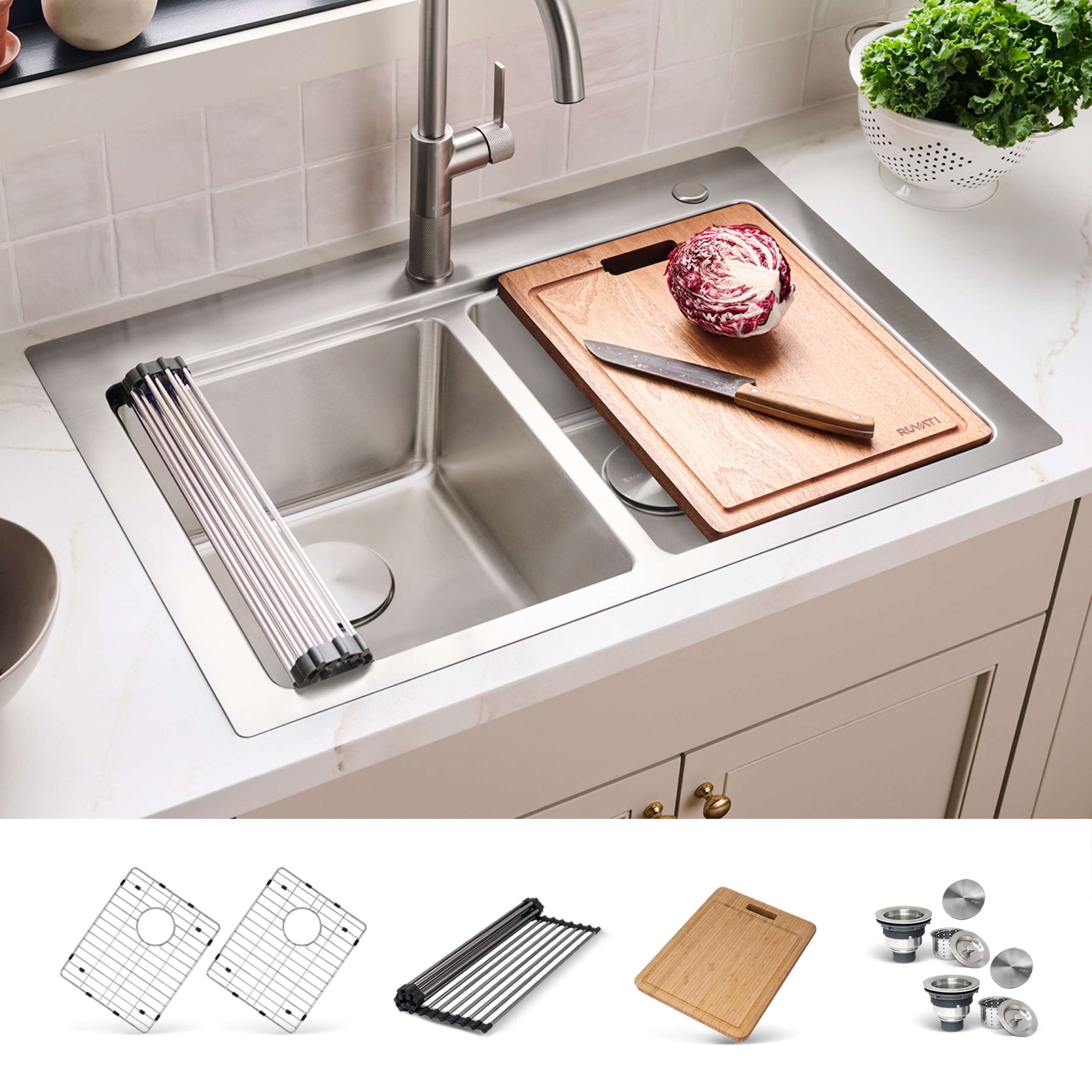 Ruvati Renaro Drop-in 33-in x 22-in Stainless steel Double equal bowl 16 -Gauge Workstation Kitchen Sink #RVM5232