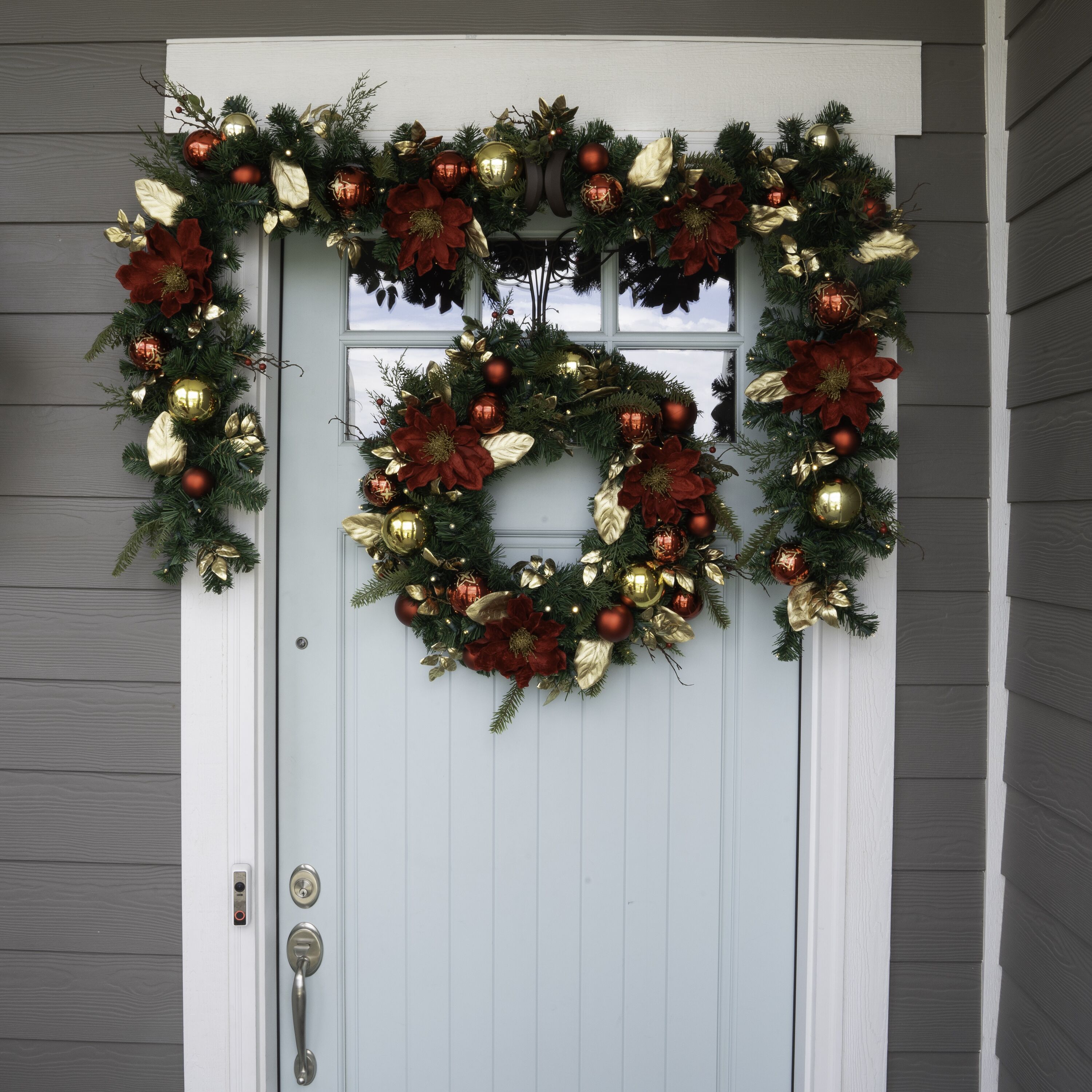 Golden Leaf Red Magnolia 30'' Artificial Christmas Wreath with LED Lights