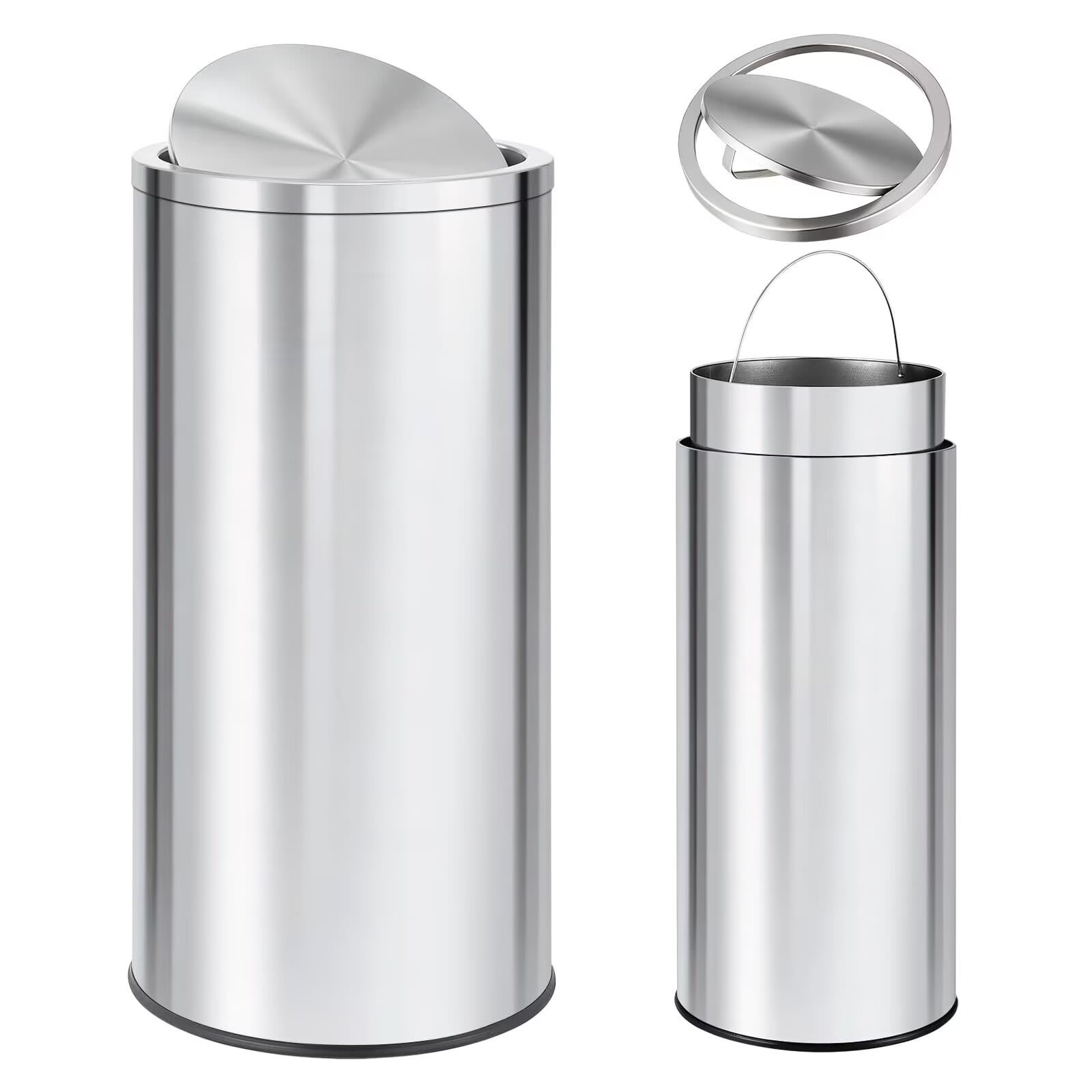 Qeetex JXNAG-PHK-34TTLB85 18.5 Gallon Stainless Steel Trash Can 70 Liter Kitchen Garbage Can with Flipping Lid and Removable Inner Bucket Large Rubbish Bin Waste Container for Office Hotel-Silver