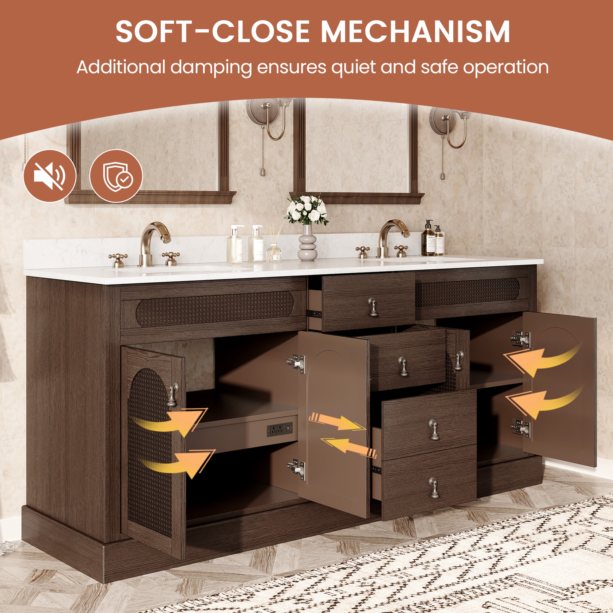 JEAREY Fully Assembled 72-in Dark Brown Undermount Double Sink