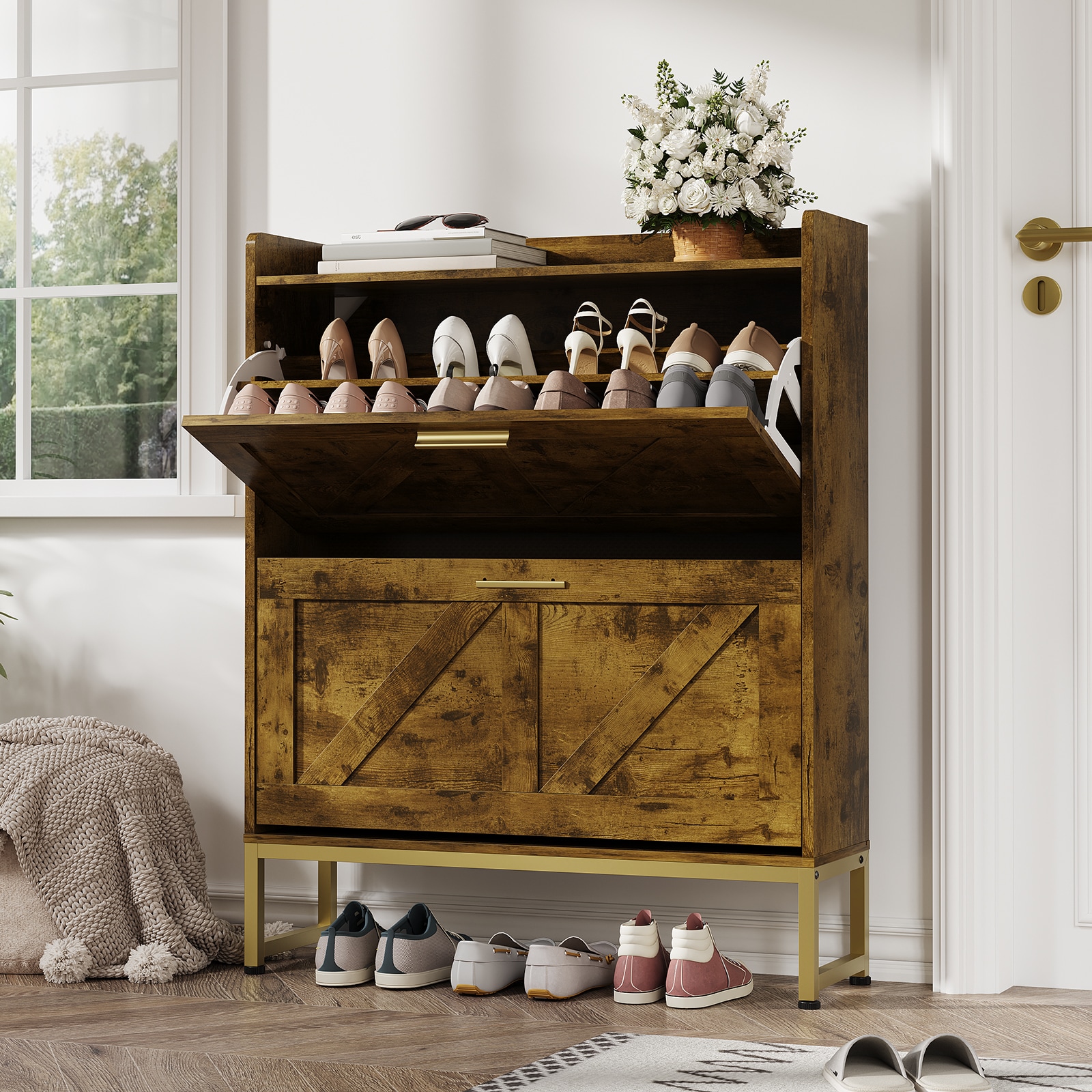 Aoile Farmhouse Slim Shoe Cabinet for Entryway  Burning Vintage Color 2 Tier Flip Drawer Shoe Organizer Adjustable Shelf Storage Cabinet Dustproof Back Panel Unit