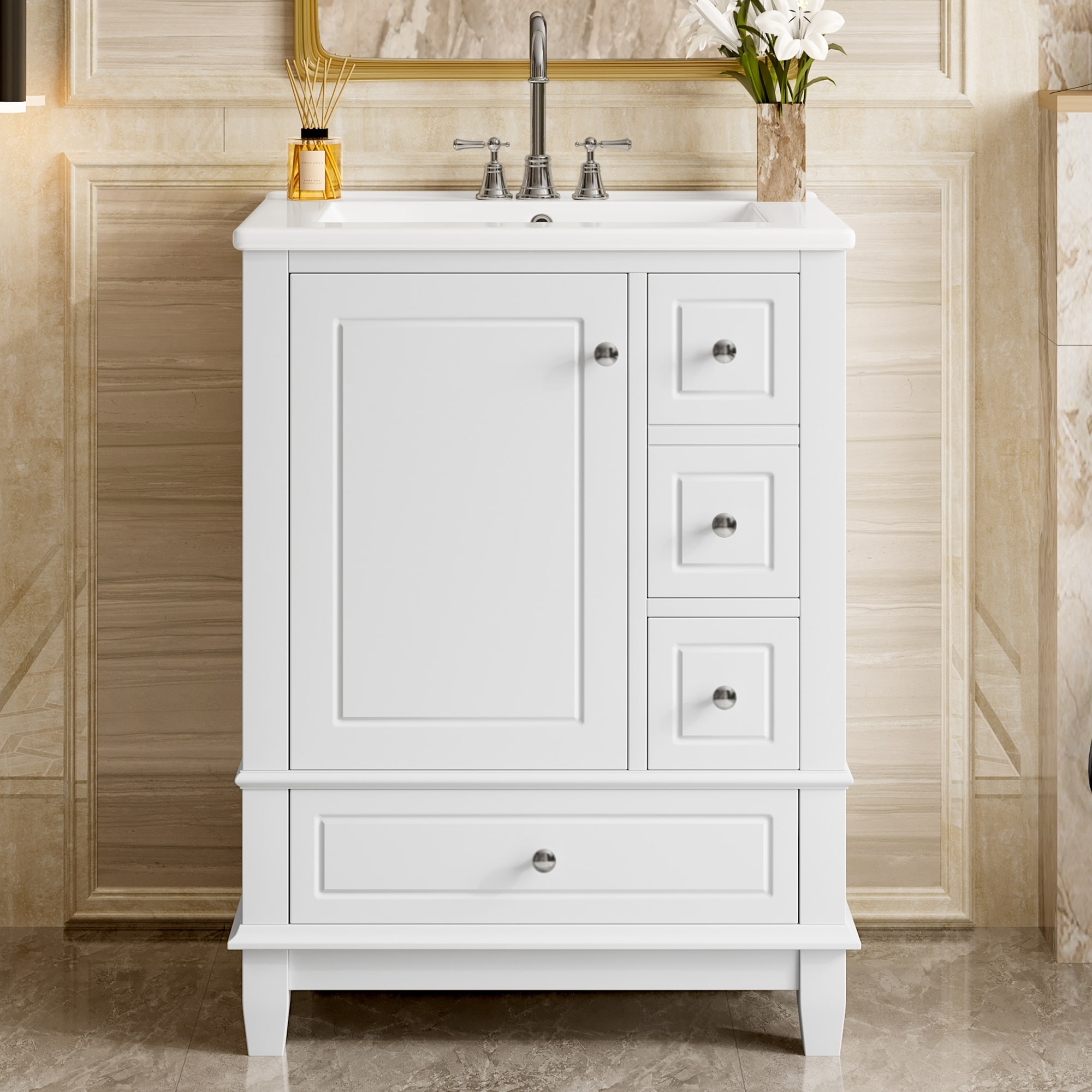Wooakway - 24-in White Bathroom Vanity with Ceramic Sink Top 3 Drawers Side Cabinet with Storage ...