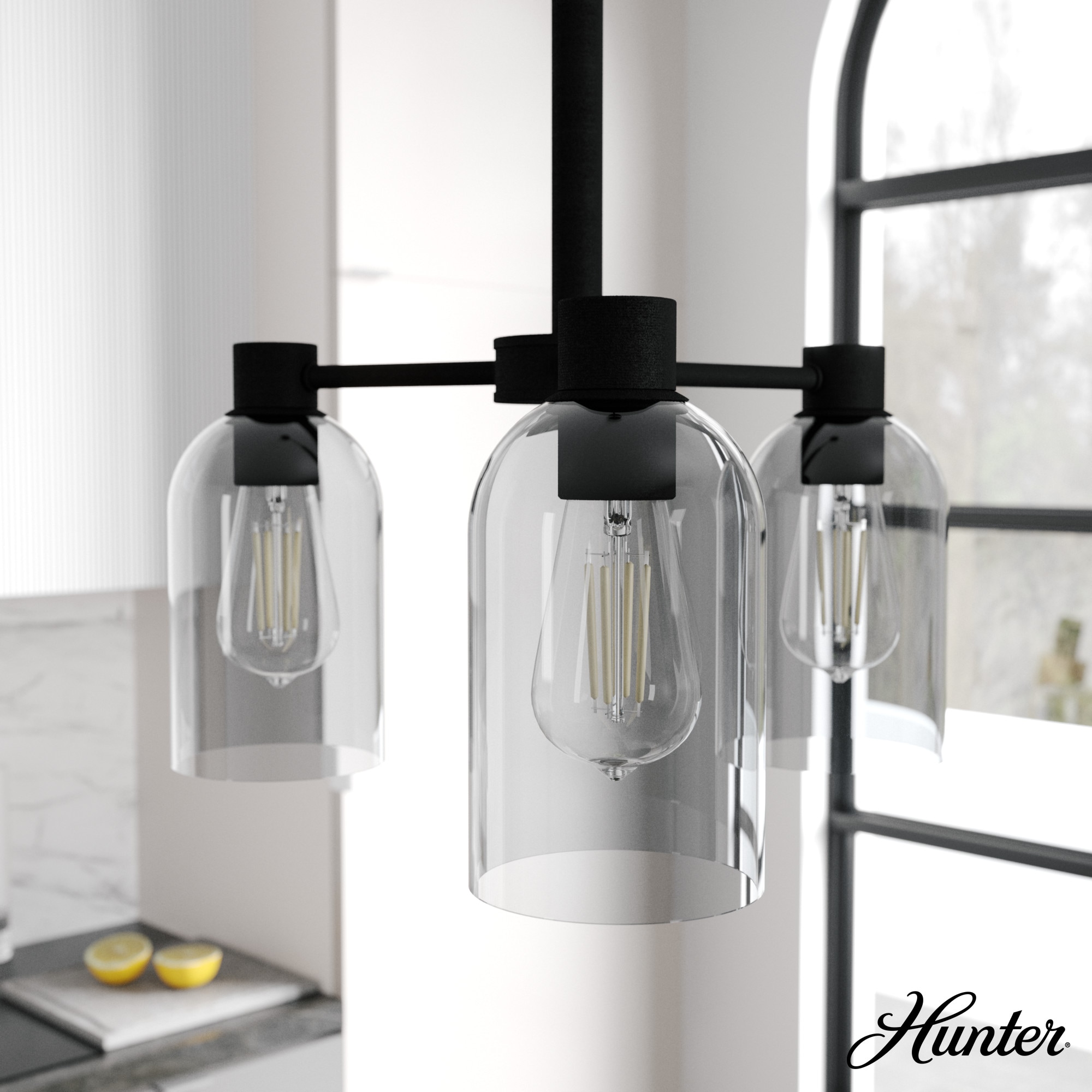 Hunter 19707 Lochemeade 3 -Light Matte Black Modern/contemporary Crystal For Use in Bedrooms, Dining Rooms, Foyers, Kitchens, Living Rooms Chandelier