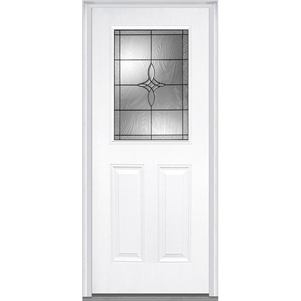 MMI DOOR Z021545R 36-in x 80-in Fiberglass Half Lite Right-Hand Inswing Primed Front Door with Brickmould Insulating Core