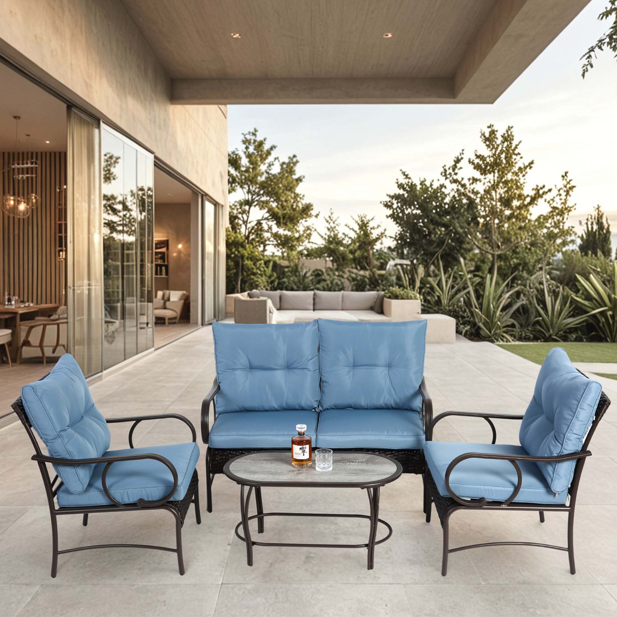 Fun Orange FUNS2HW10 4 -Piece Wicker Patio Conversation Set with Blue Cushions